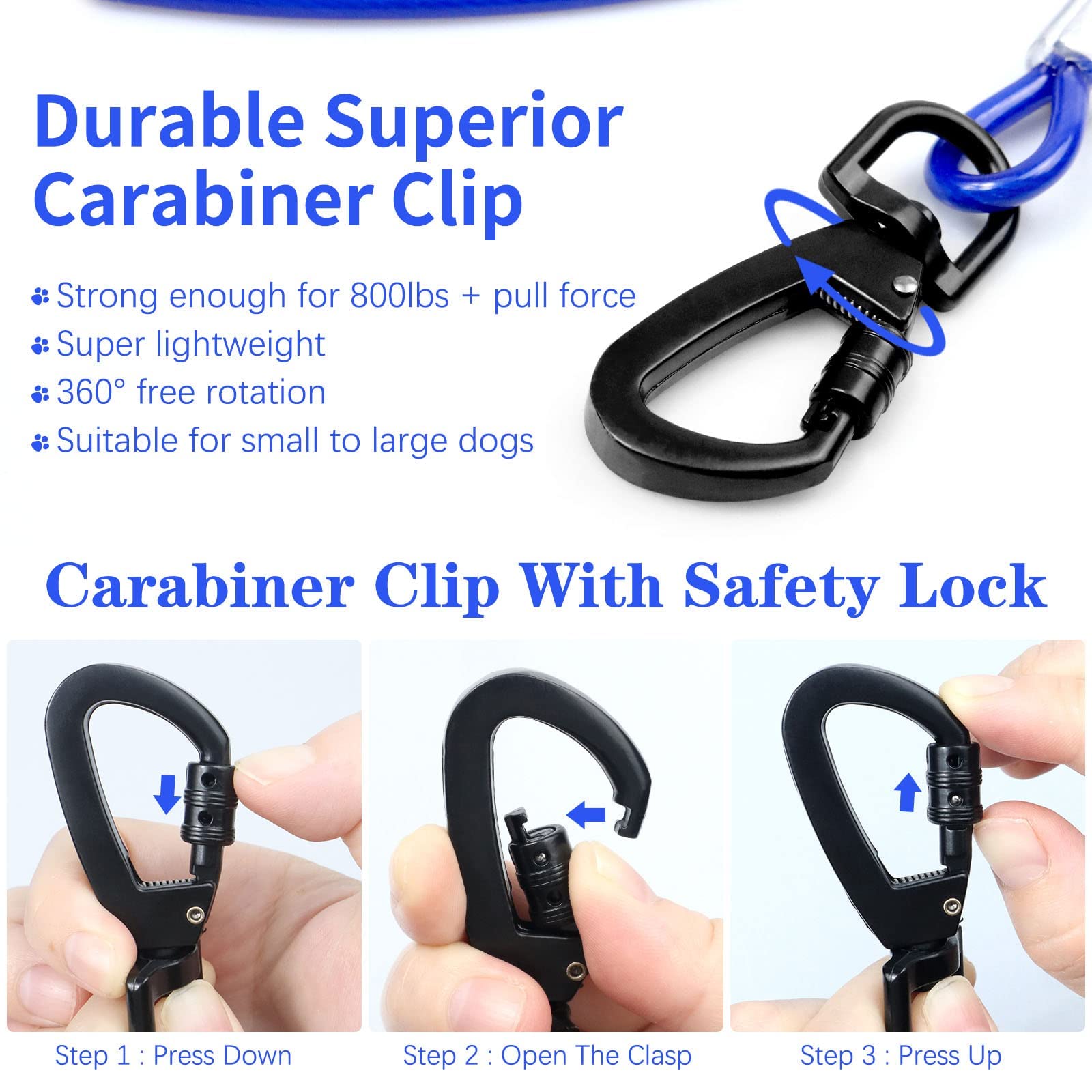 Tie Out Cable For Dogs, 15Ft Dog Leads For Yard Chew Proof, Heavy Duty Dog Tie Out Cable With Superior Carabiner Clip For Large Dogs Up To 250Lbs, Durable Dog Runner For Yard Or Camping