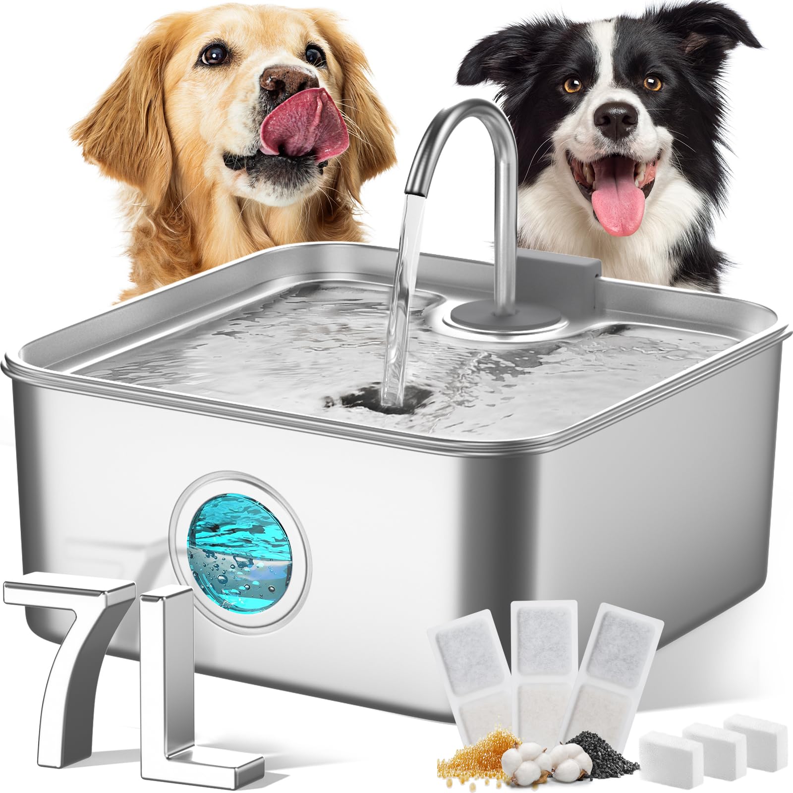 FUKUMARU Dog Water Fountain - 1.8 Gal/236oz/7L Ultra Quiet Pump (28.5dB) & 4-Stage Filter System Stainless Steel Kitty Water Fou