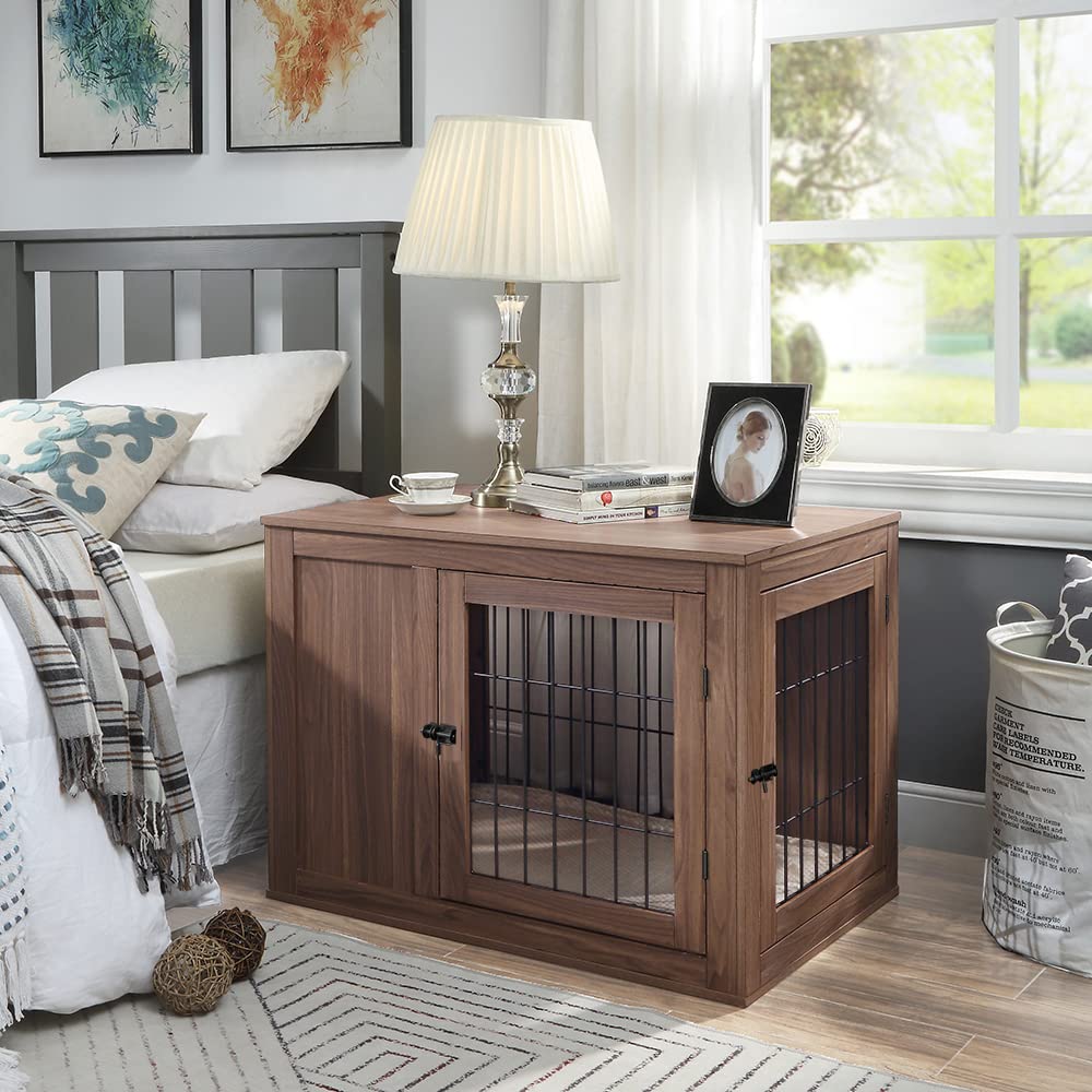 unipaws Dog Crate End Table - Wooden Wire Kennel, Medium Size 36"L x 23"W x 26.2"H, Walnut Finish, Double Doors, Indoor Use