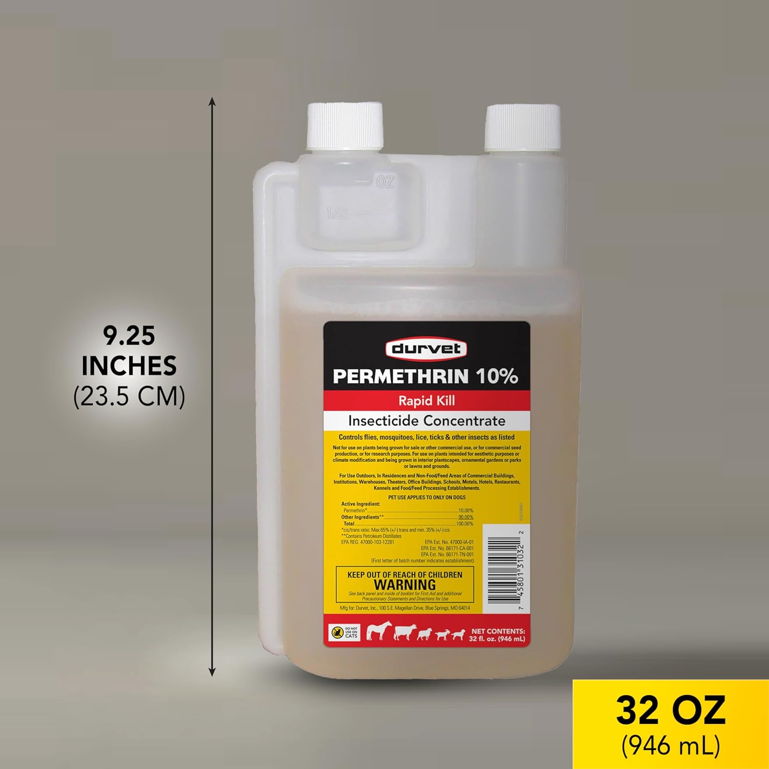 Durvet Permethrin EC 10% Concentrate, 32 oz - Effective Insecticide for Livestock and Pets