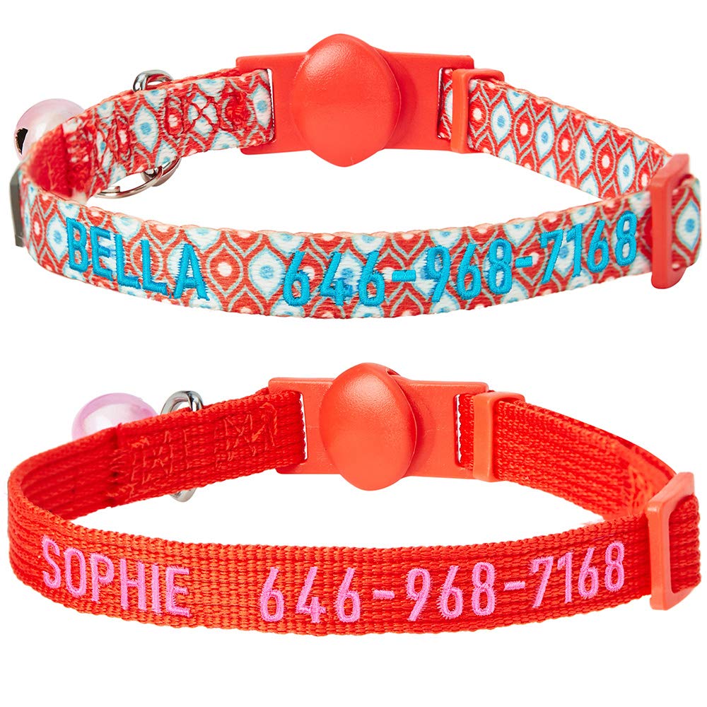 Blueberry Pet Pack Of 2 Personalized Perfect Orange Cat Collars With Bell & Detachable Flower, Adjustable Breakaway Id Collars E