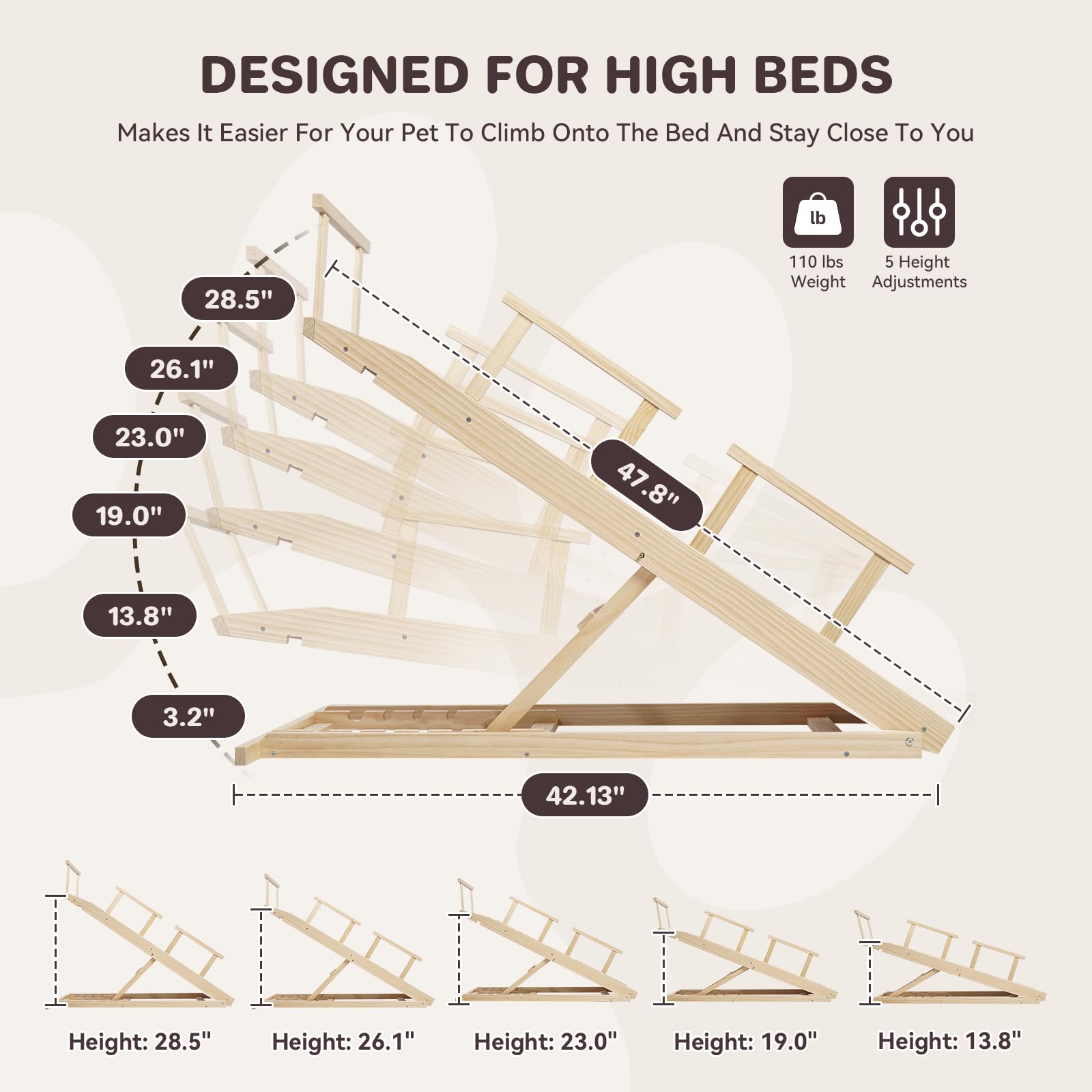 Dog Ramp for Bed PANTAZO Adjustable Ramps for Small Dogs to Get on Bed, Up to 28.5 Inches, 48 Long,120lbs with Anti-Slip Grip