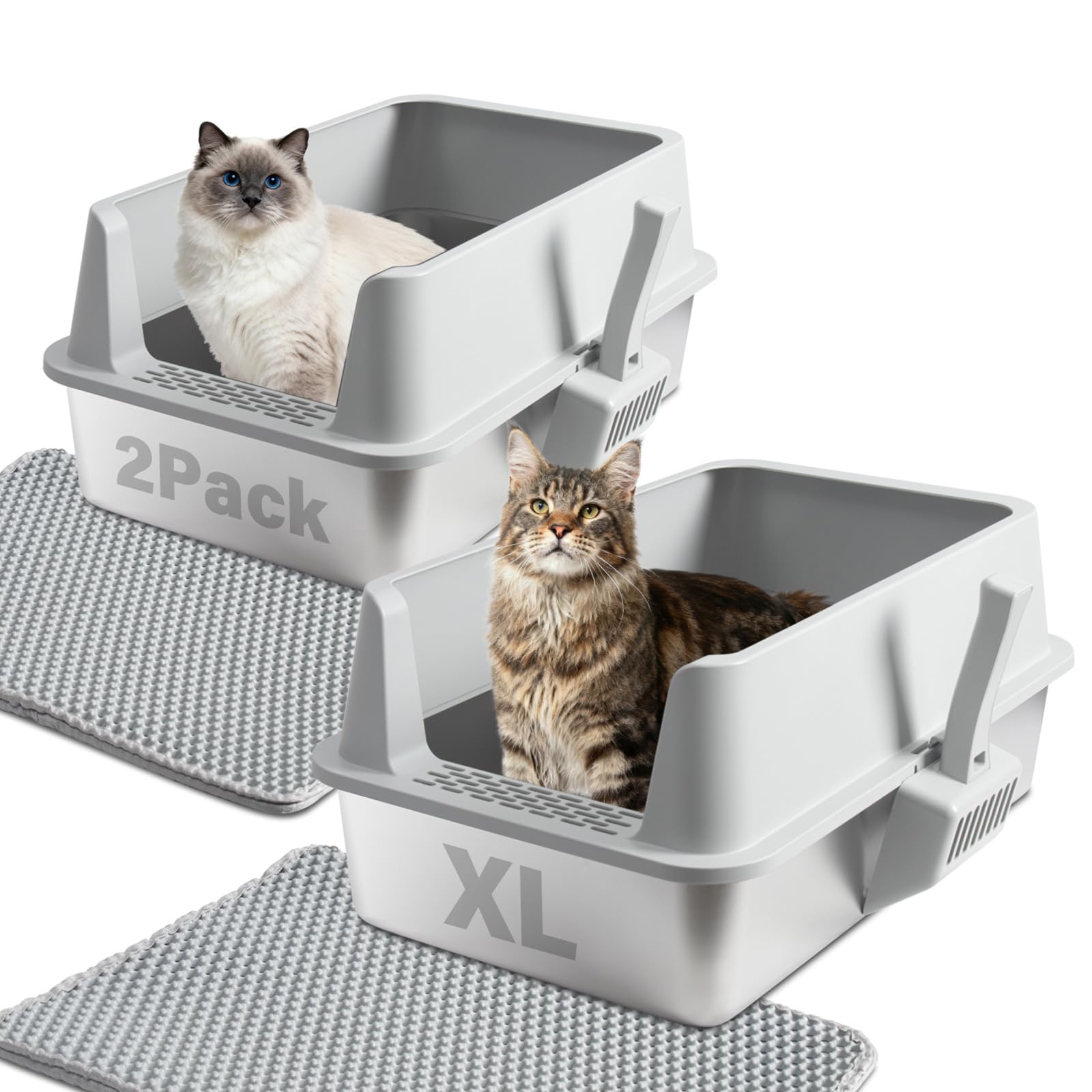 Stainless Steel Cat Litter Box with Lid, 2 Pack XL Metal Litter Box Stainless Steel with Mat & Scoop, Odor-Free/Anti-Leakage & N