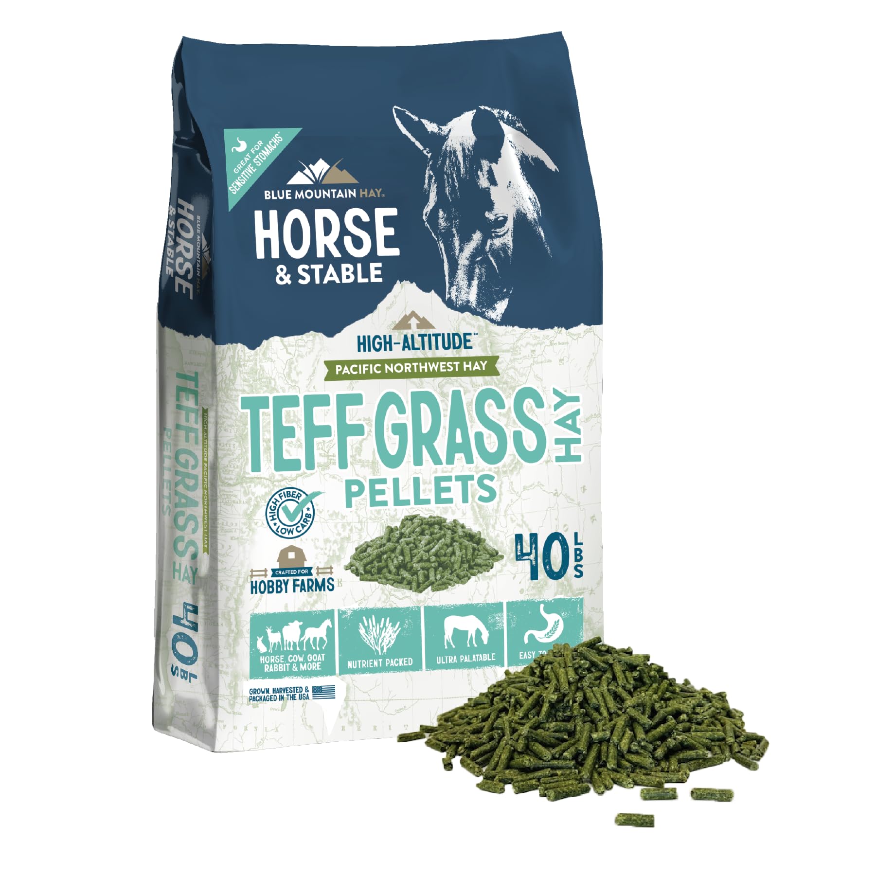 Blue Mountain High Altitude Horse Hay Pellets | Ultra Premium Alfalfa, Timothy, Orchard, Teff Hay | Nutrient Dense | Cattle, She