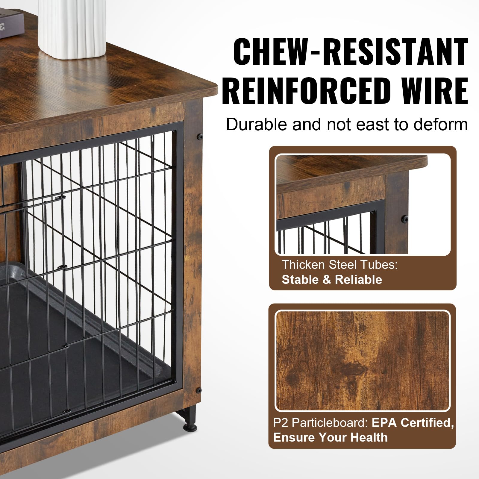 VEVOR Dog Crate Furniture, 38 inch Wooden Dog Crate with Double Doors, Heavy-Duty Dog Cage End Table with Multi-Purpose Removabl