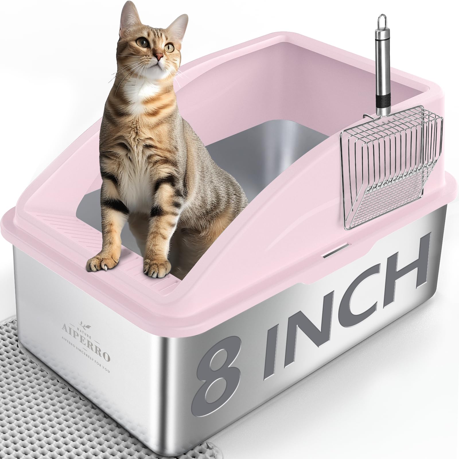 Stainless Steel Litter Box | XXL Deepened 8 Design Enclosed Box with Lid for Big Cats | High Sided, Anti-Urine Leakage | Non-Sti