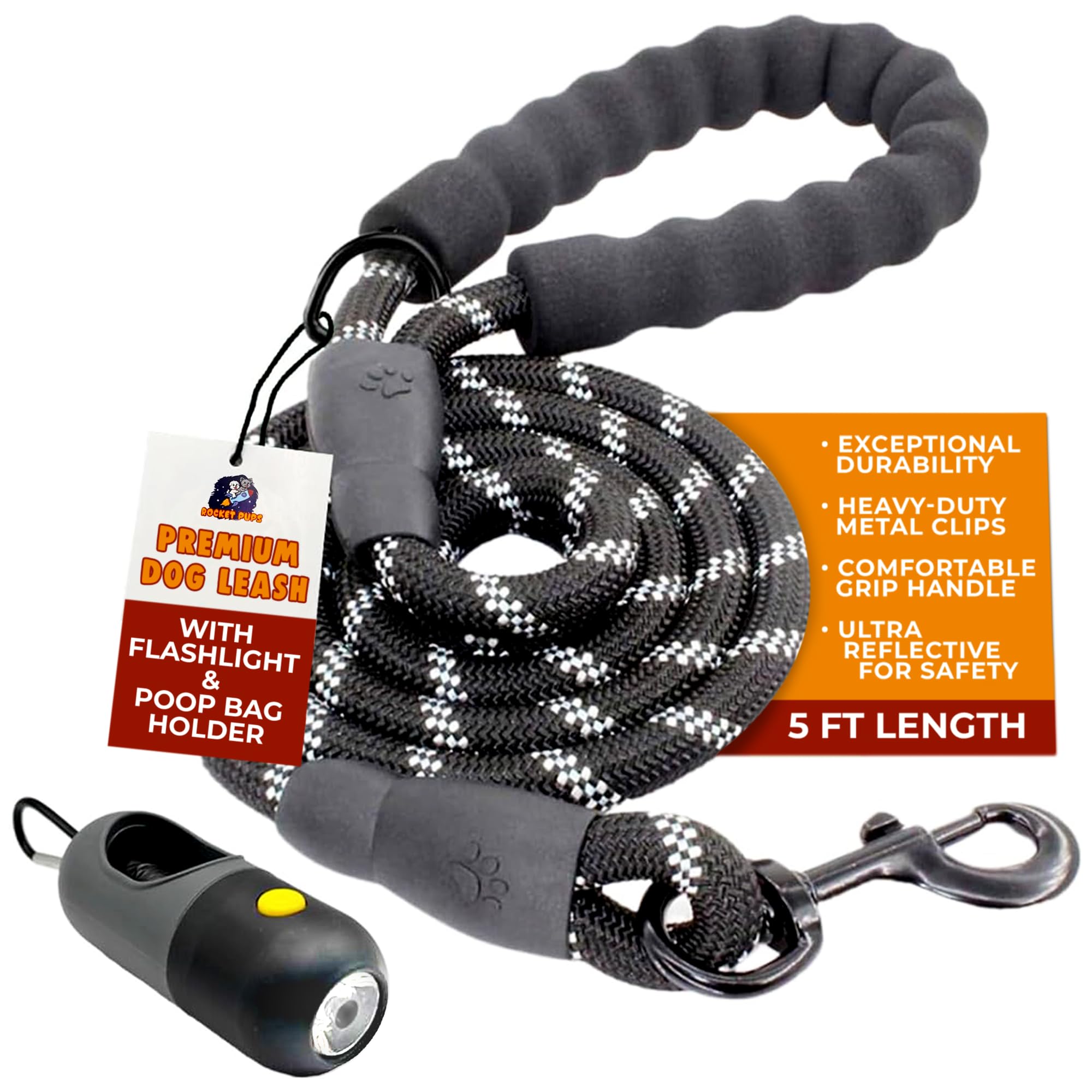 Rocket Pups Premium Durable Rope Dog Leash With Included Flashlight Poop Bag Holder. Soft Padded Handle, Ultra-Reflective Thread