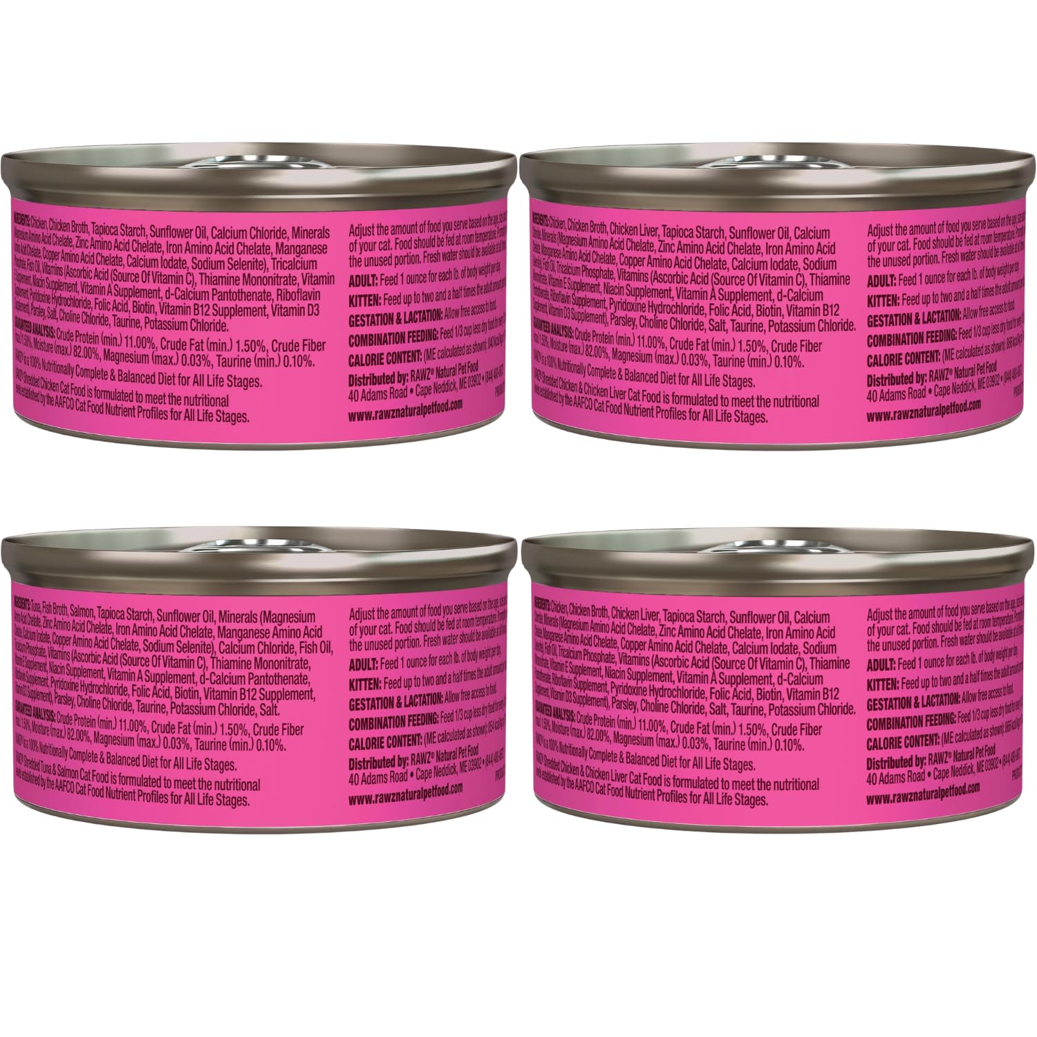 Rawz Natural Premium Canned Cat Wet Food Shredded -12 Pack Cans Variety Pack -4 Flavors with Yow Pet Lid- (Tuna & Salmon, Chicke