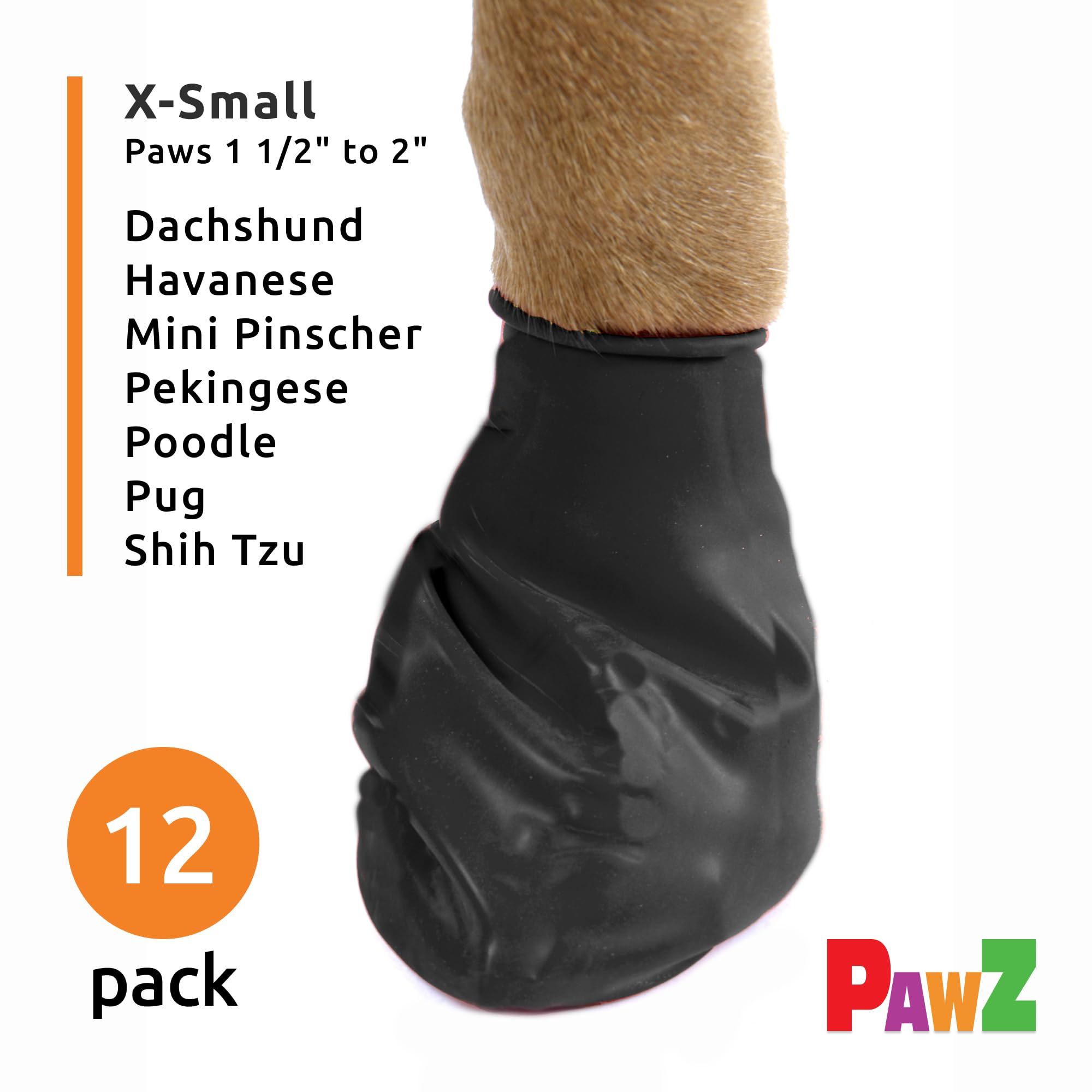 Pawz Rubber Dog Boots For Paws Up To 2', 12 Pack - All-Weather Dog Booties For Hot Pavement, Snow, Mud, And Rain - Waterproof, Anti Slip Dog Socks - X-Small, Black