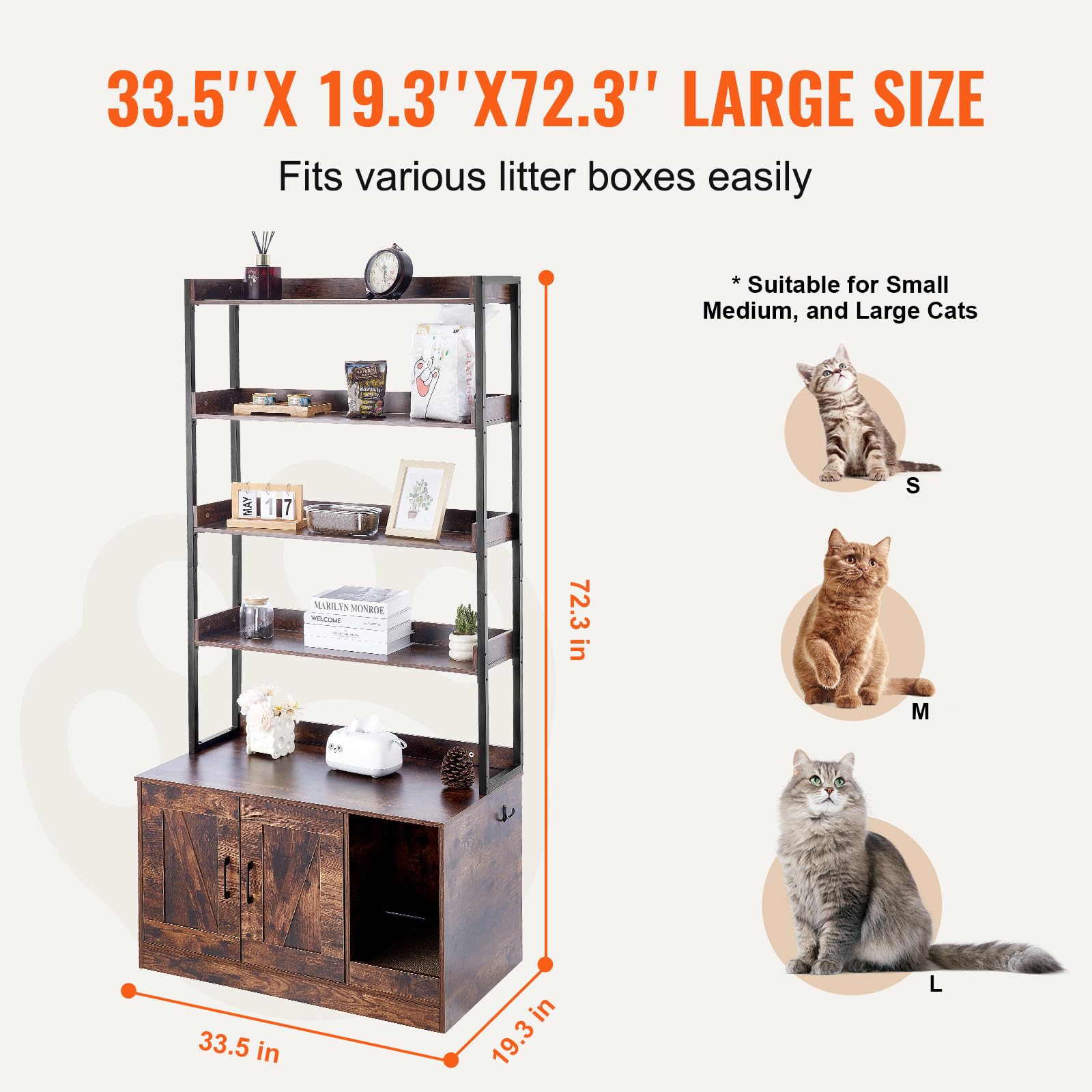 VEVOR Cat Litter Box Enclosure, Hidden Cat Box Furniture with 4 Storage Shelves, Large Cats House Cabinet Hidden Fit Most Litter