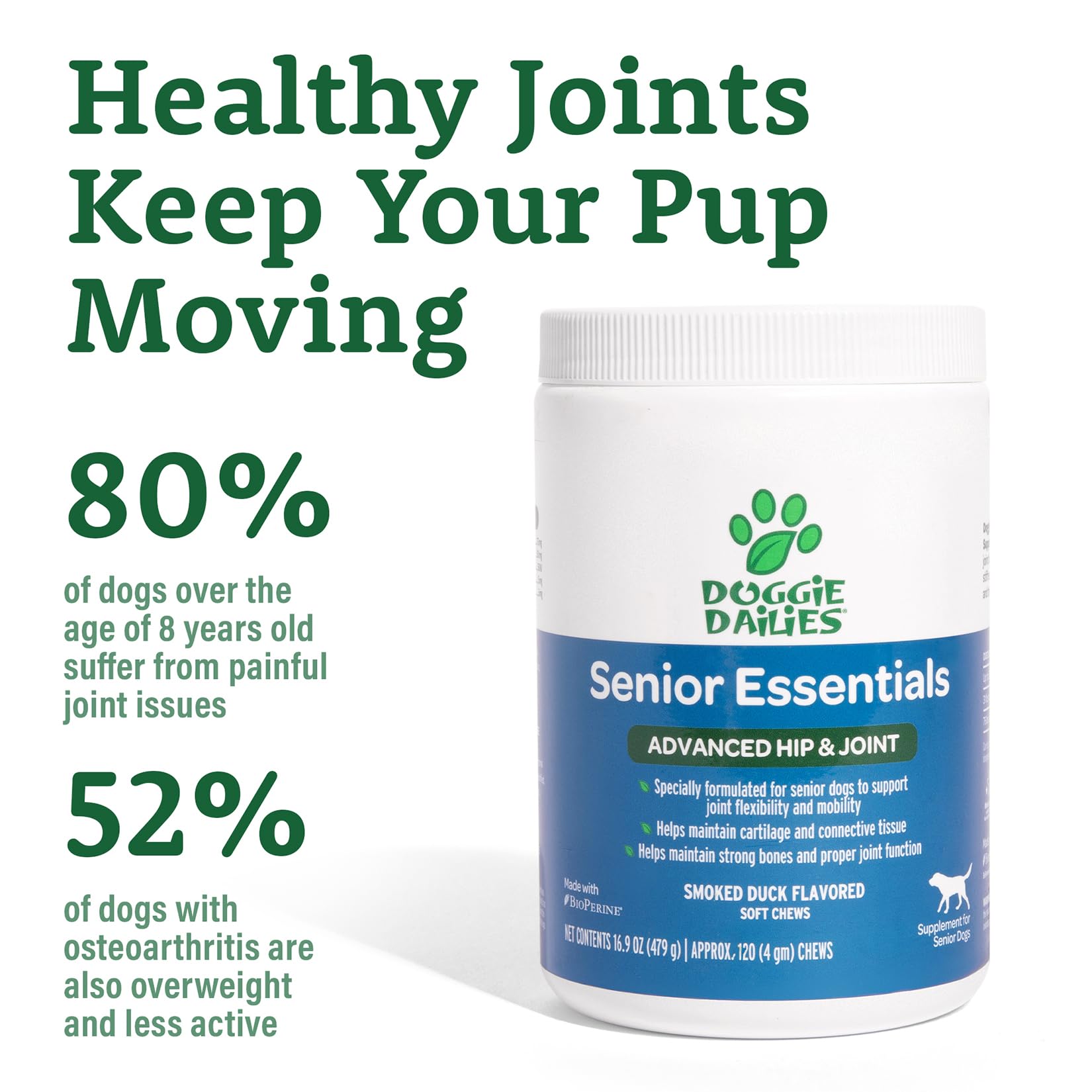 Doggie Dailies Advanced Hip & Joint Chews for Dogs - Glucosamine, Smoked Duck Flavor, 120 Count, Model DD-HJ