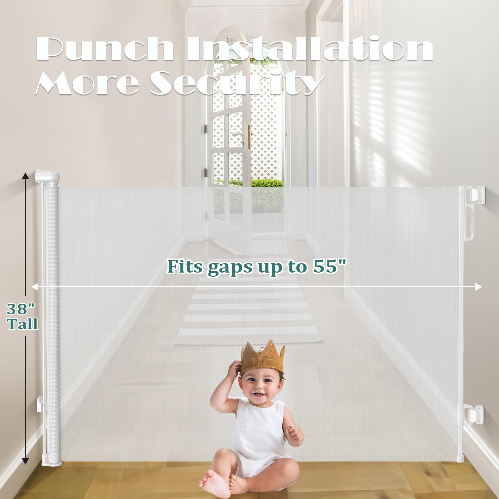 Babepai Retractable Baby Gates Extra Wide | 55 Wide x 38 Tall Dog Gates for Stairs | Indoor/Outdoor Use | Child Gates for Doorwa