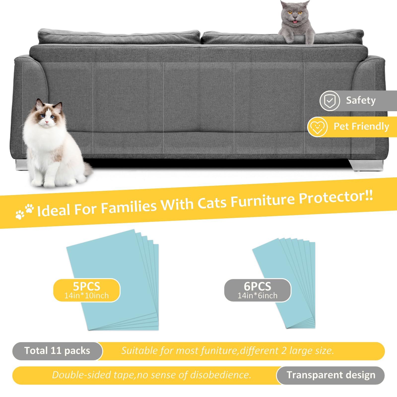 Xmzcymyo Anti Cat Scratch Furniture Protectors, 11Pcs Cat Scratch Deterrent Tape, Couch Corner Protectors For Cats, Double Sided Sofa Anti Scratching Sticky Tape