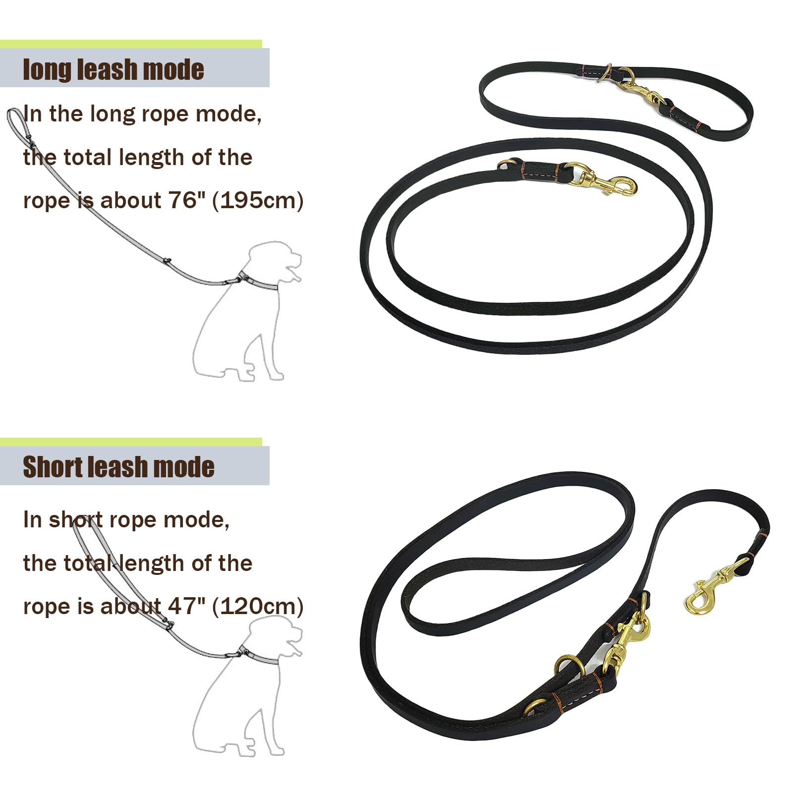 Lwbmg Multi Function Leather Dog Leash - 8Ft Hands Free Double Ended Training Leash For Medium Large Dogs - Black