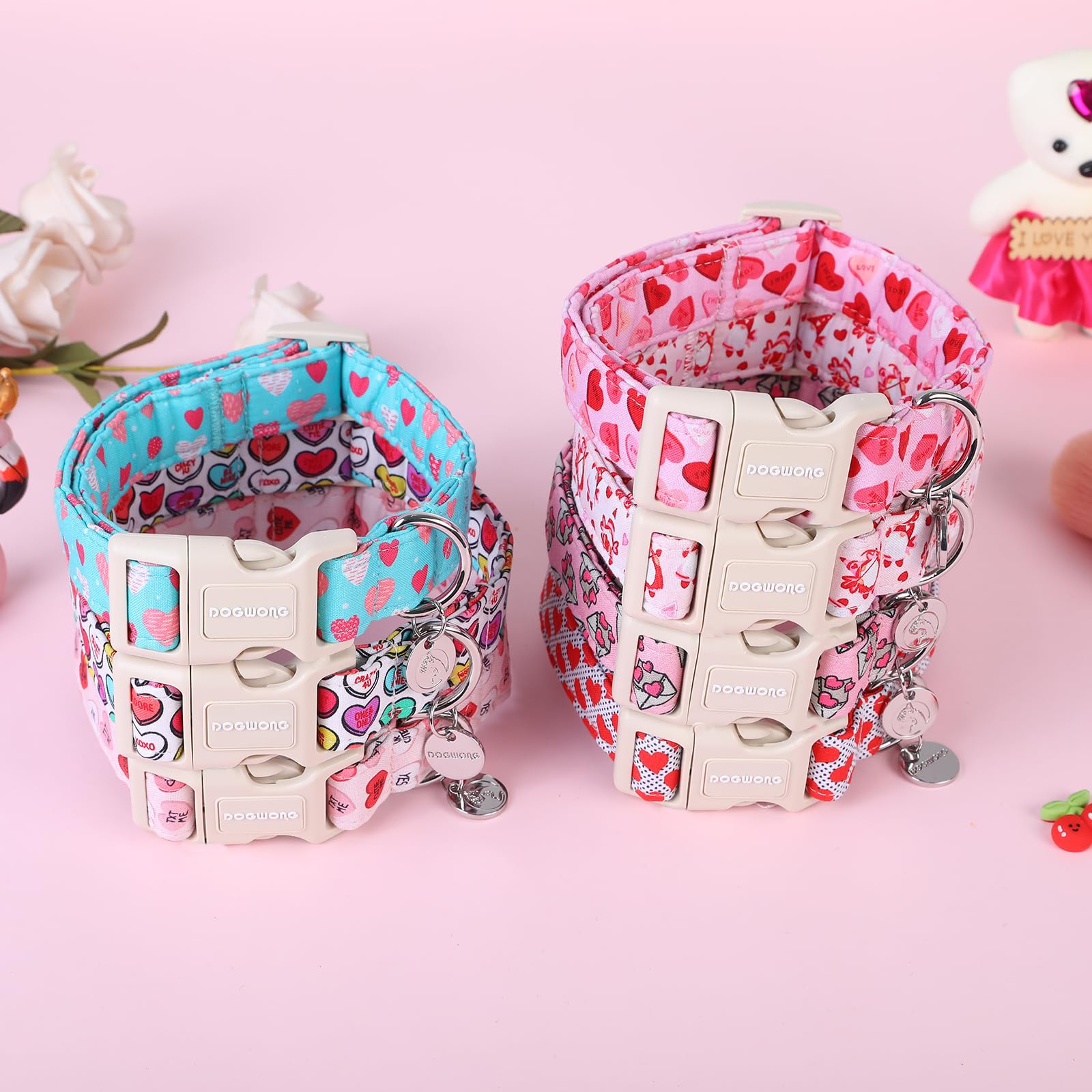 Dogwong Valentine'S Dog Collar - Blue Heart Candy Adjustable Cotton Heart Dog Collar - Perfect For Small, Medium, Large Dogs