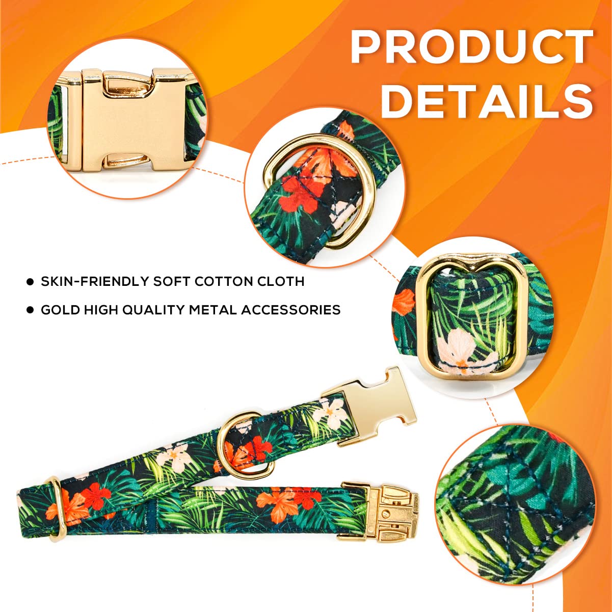 Summer Dog Collars With Bow Tie, Floral Tropical Leaf Bowtie Accessory For Dogs, Gold Metal Accessories Collars For Small Medium