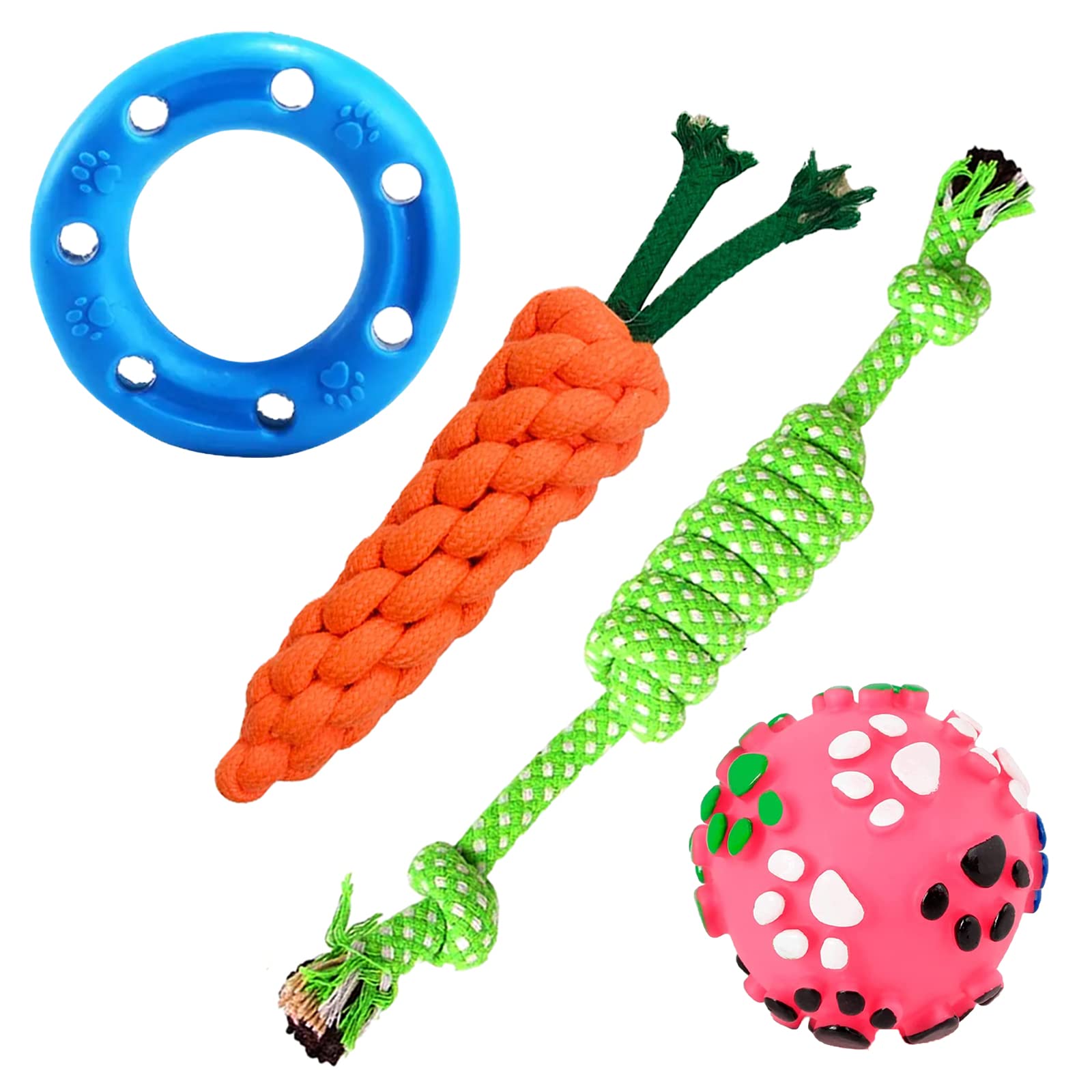 emily pets Puppies Rubber Squeaky Ball Toy with Dog Rope Toy for Dog Chew Toy and Rubber Ring Toy Puppy and Small Dogs (Pack of 