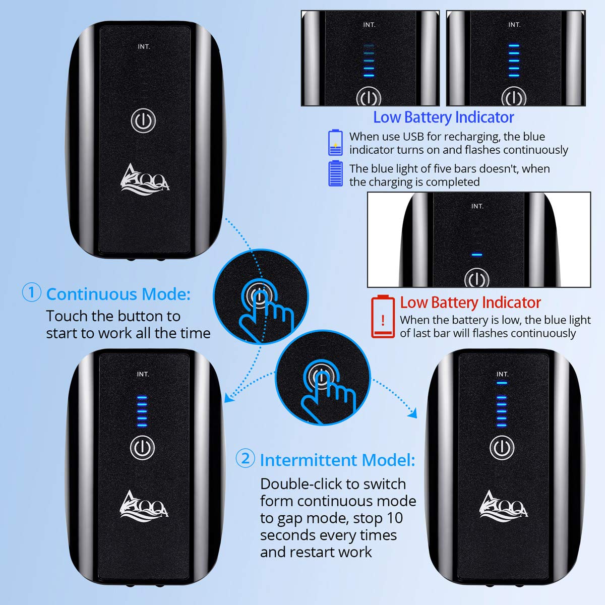 AQQA Aquarium Air Pump - Portable Rechargeable Oxygen Pump for 1-140Gal Tanks, Black, Includes Air Stone, Tubes, USB Cable, Model GCA-AQ012-2.