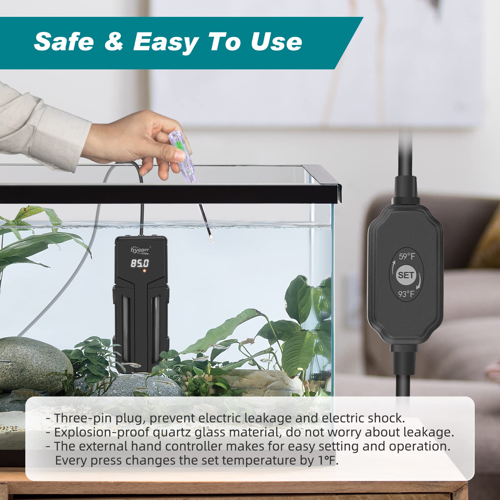 Hygger Aquarium Heater,500W/800W/1200W Submersible Fish Tank Water Heater Double Quartz Explosion-Proof With For Freshwater Saltwater Tank