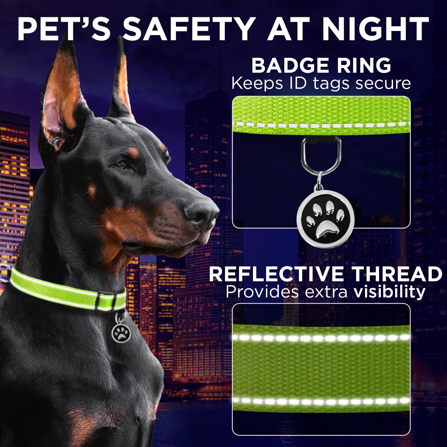 Teceum Reflective Pet Collar - Acid Green - M - Extra Soft Padding - Basic Nylon Dog Collar - Quick Release Buckle - Fits Small,