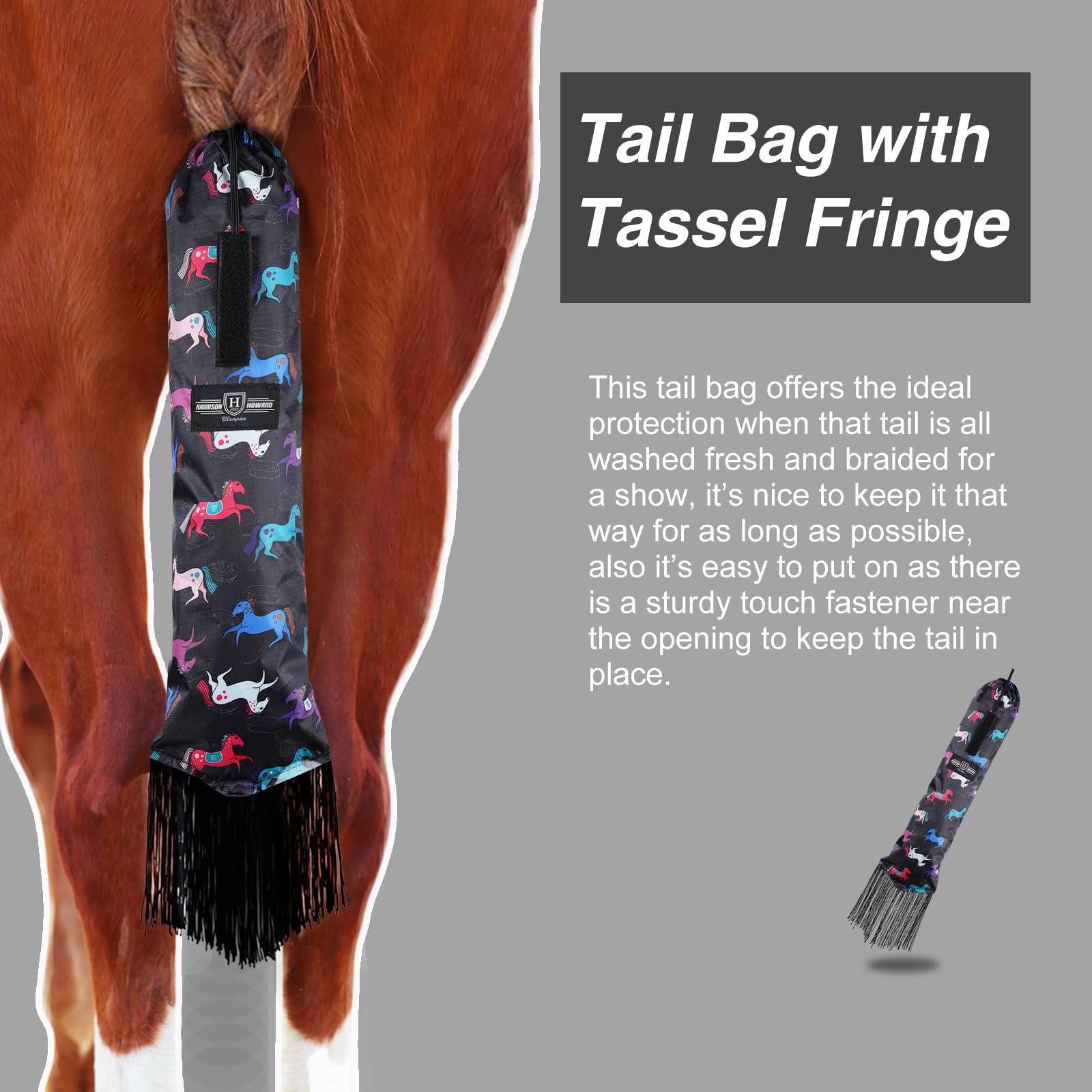Harrison Howard Smooth Lightweight Adjustable Fastener Nylon Horse Tail Bag With Fringe-Pony Print Black