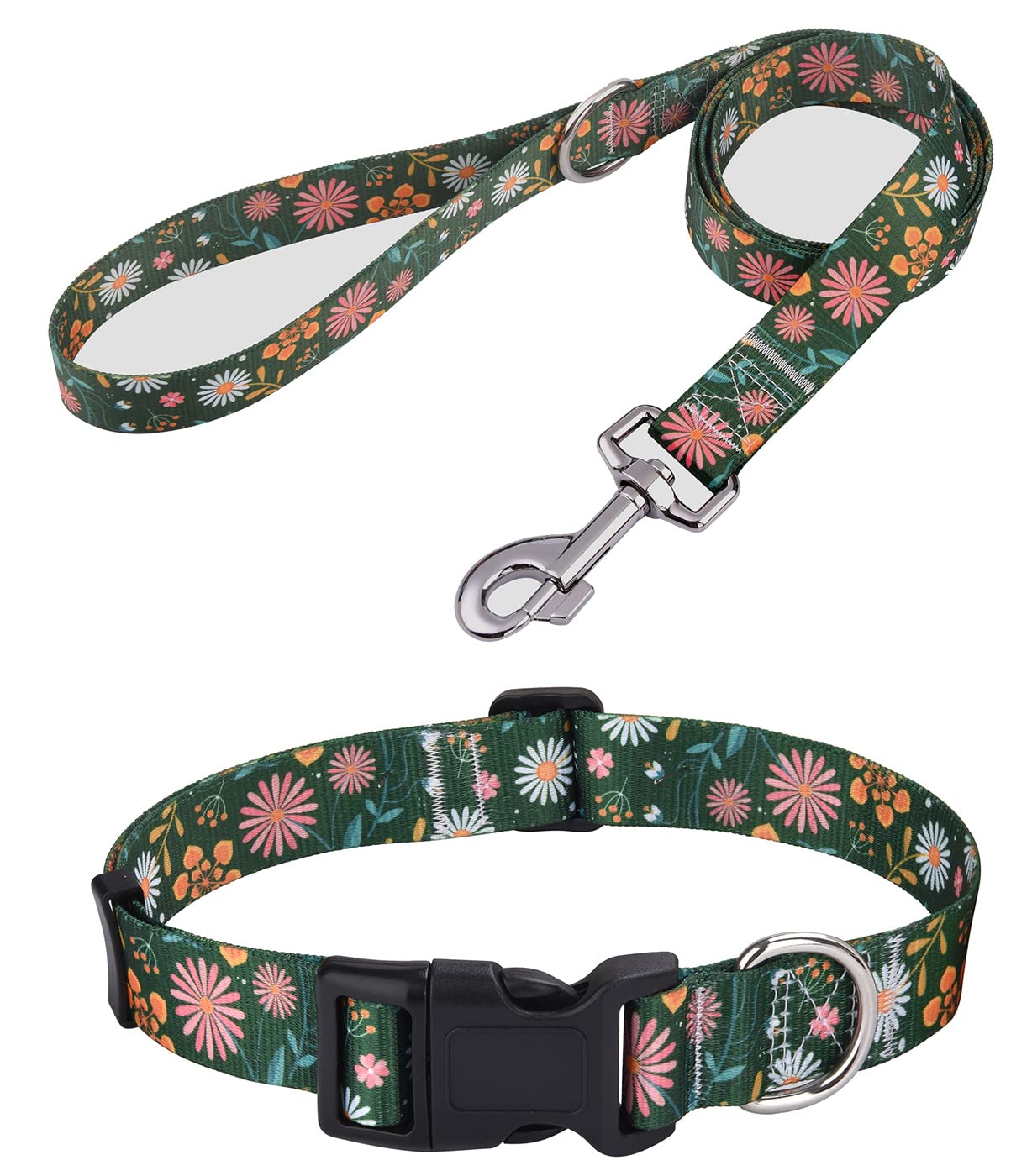 Mihqy Dog Collar And Leash Set With Bohemia Floral Tribal Geometric Patterns - Soft Ethnic Style Collar Adjustable For Small Medium Large Dogs(Dark Green Flower Set,L)
