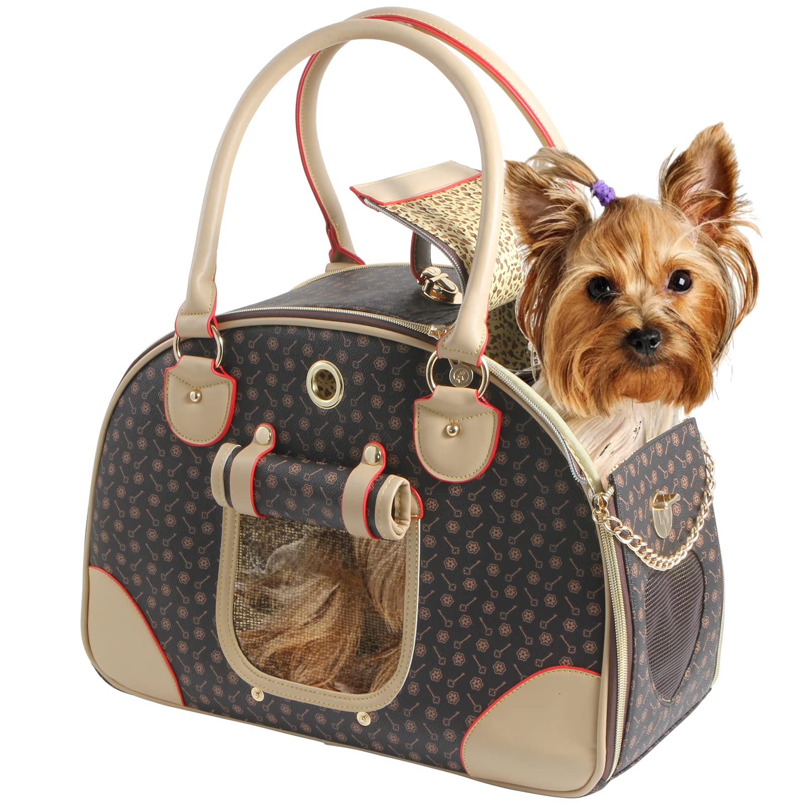 Betop House Fashion Dog Carrier Pu Leather Dog Handbag Dog Purse Cat Tote Bag Pet Cat Dog Hiking Bag, Brown, Large