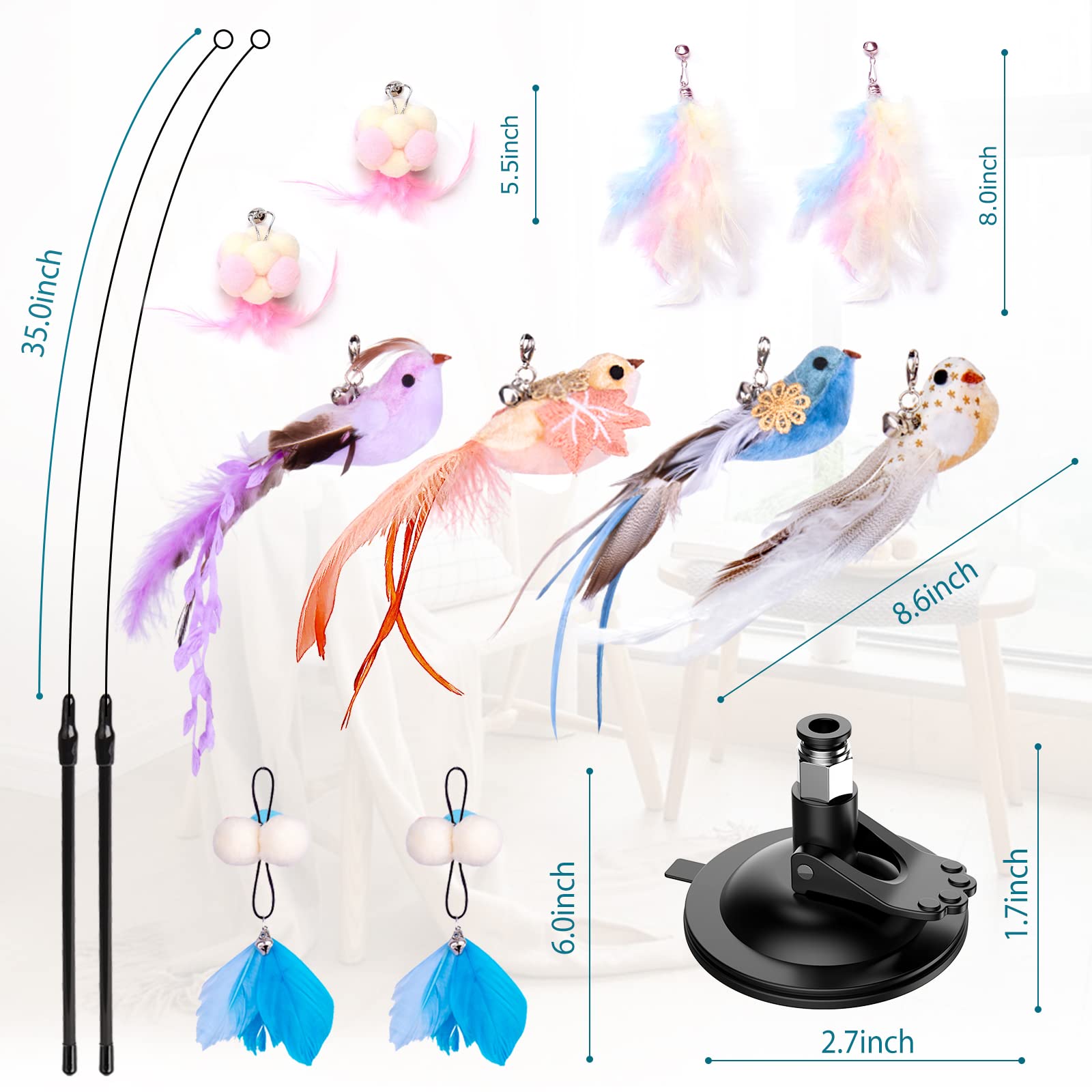 Hosfroll Cat Toys Wand, Interactive Cat Toy With Super Suction Cup Sticky Detachable 12 Pcs Feather Replacements 2 Wands Cat Spring Feather Toys For Indoor Cats Kitten Toys (4 Birds Replacements)