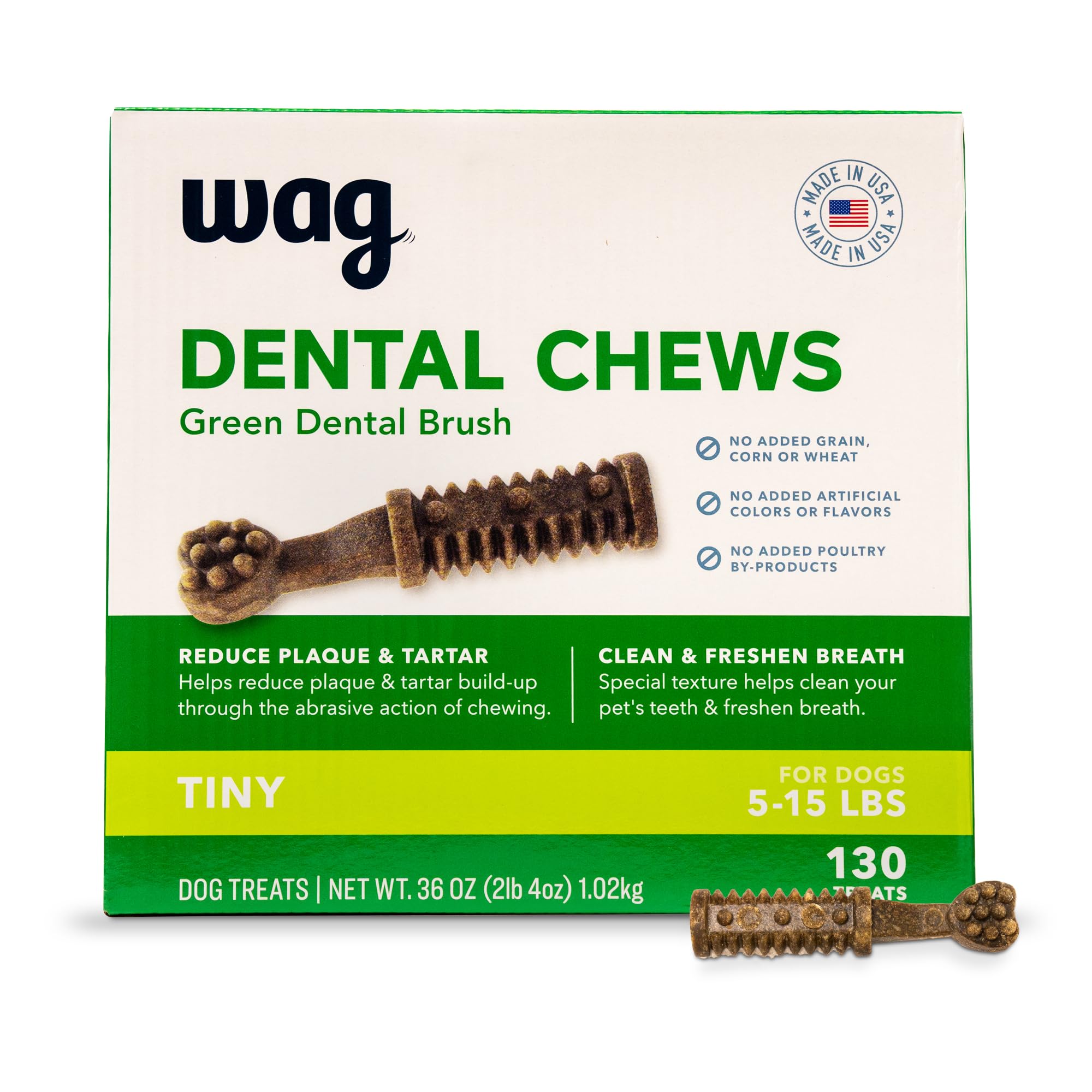 Amazon Brand - Wag Dental Dog Treats to Help Clean Teeth & Freshen Breath Tiny, 2.25 pounds, Unflavored - 130 Count, Pack of 1