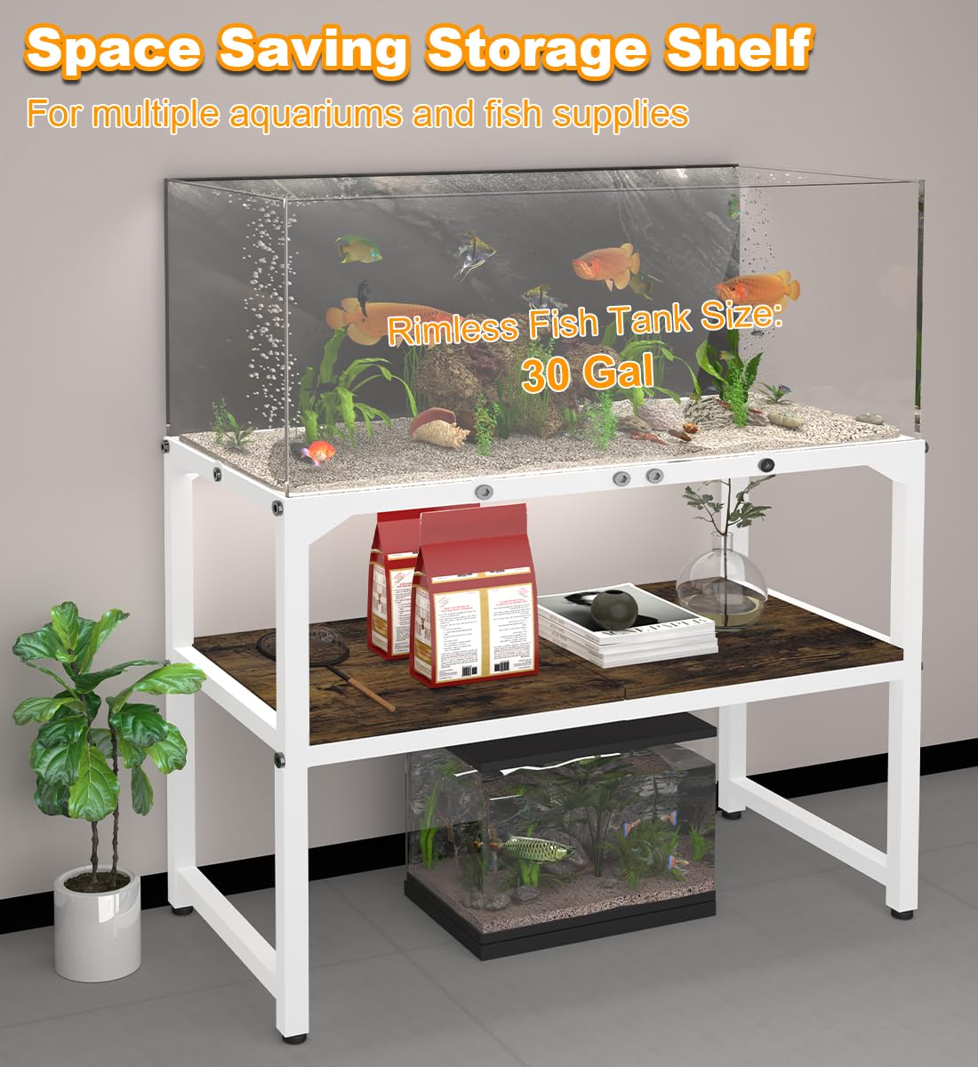 Mondazie 30 Gallon Rimless Fish Tank Stand with Shelf for Storage, 2 Tiers Metal Aquarium Stand, Breeder Tank Turtle Reptile Ter