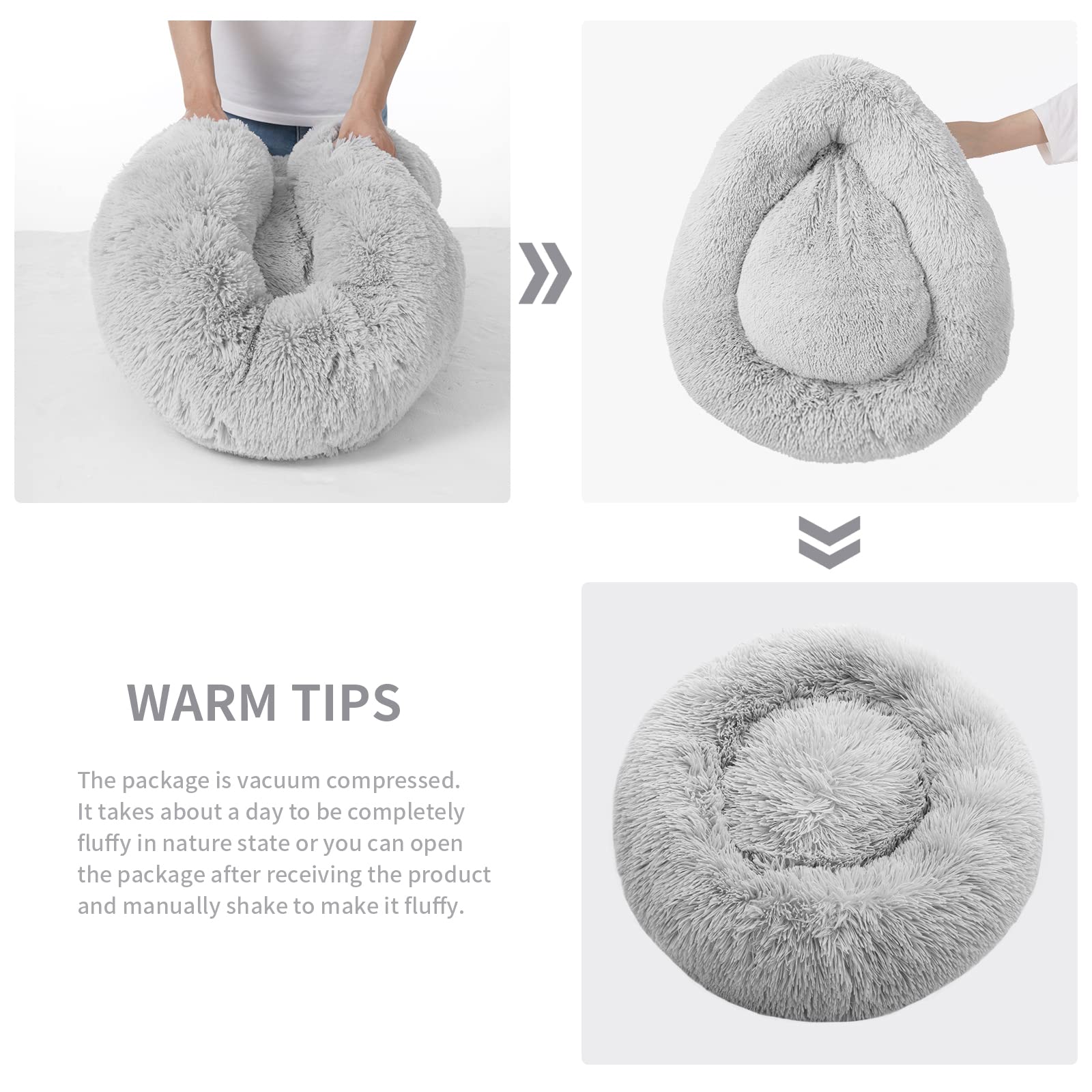 Anti-Anxiety Donut Cat & Dog Bed - Round, Cozy, Plush, Machine Washable, 20x20inch Grey