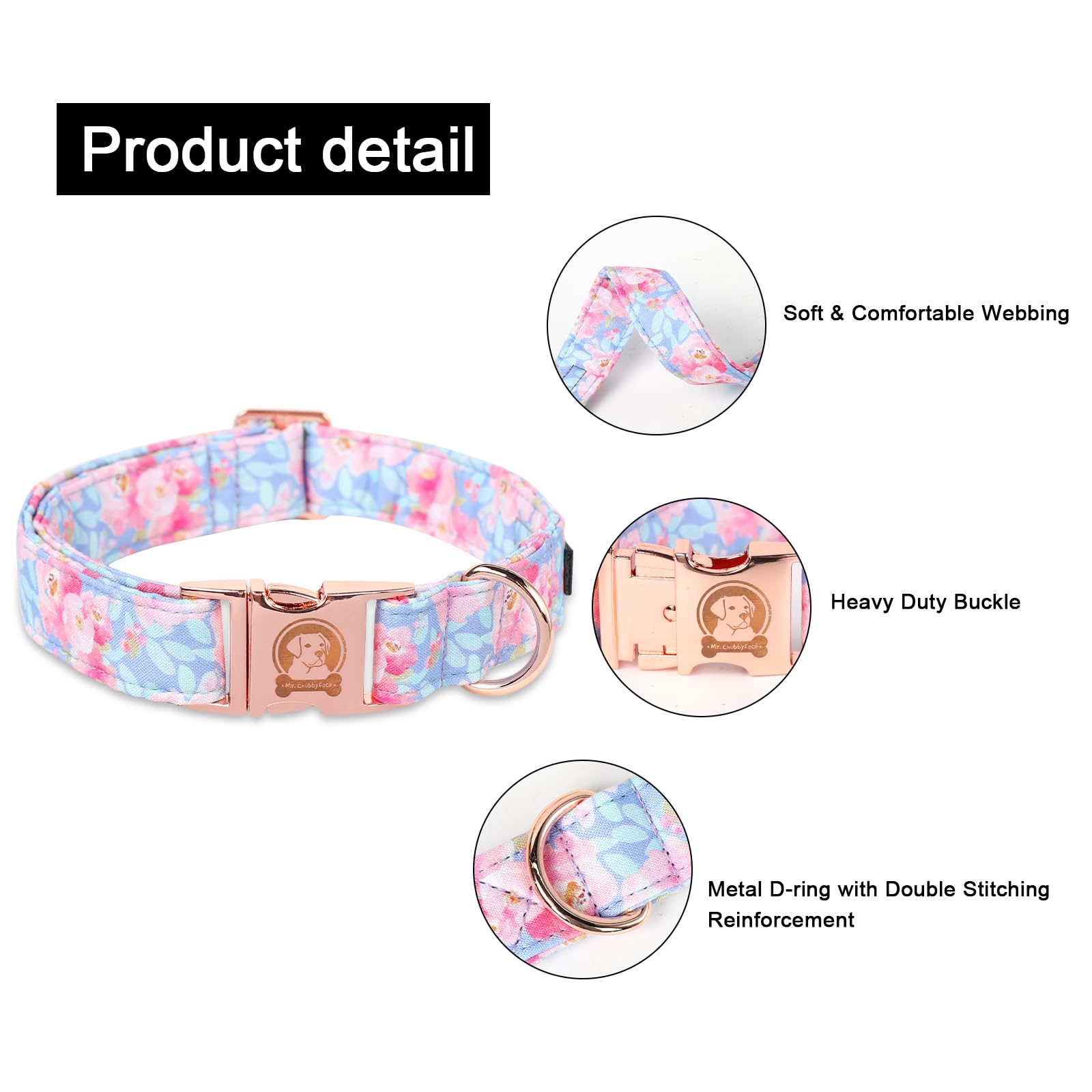 Mr. Chubbyface Spring Summer Dog Collar, Cotton Ink Style Flower Pattern Dog Collar With Metal Buckle,Soft Adjustable Pet Collar