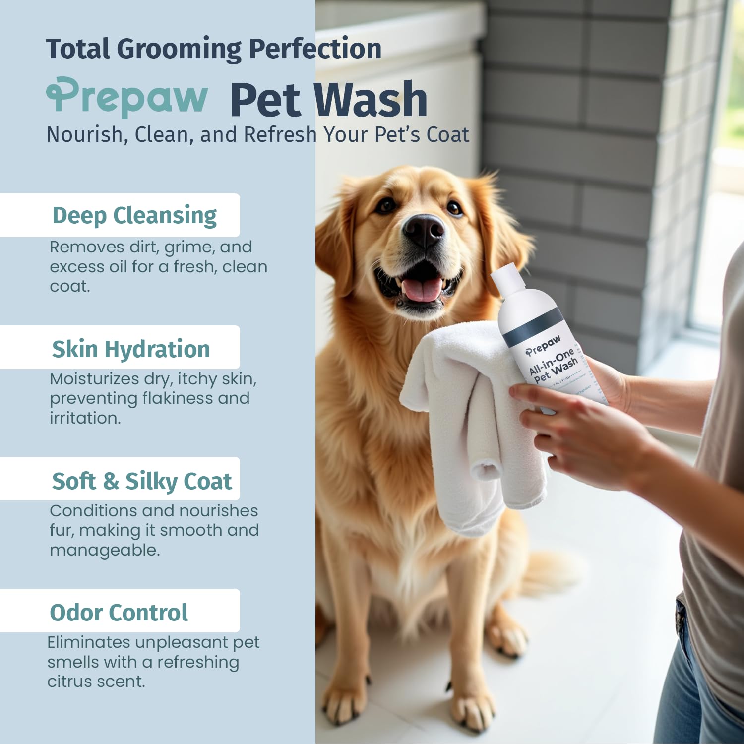 Prepaw Pet Wash - 5 In 1 (Cleans, Conditions, Moisturizes, Deodorizes & Detangles) - Natural Ingredients - Gentle For Sensitive
