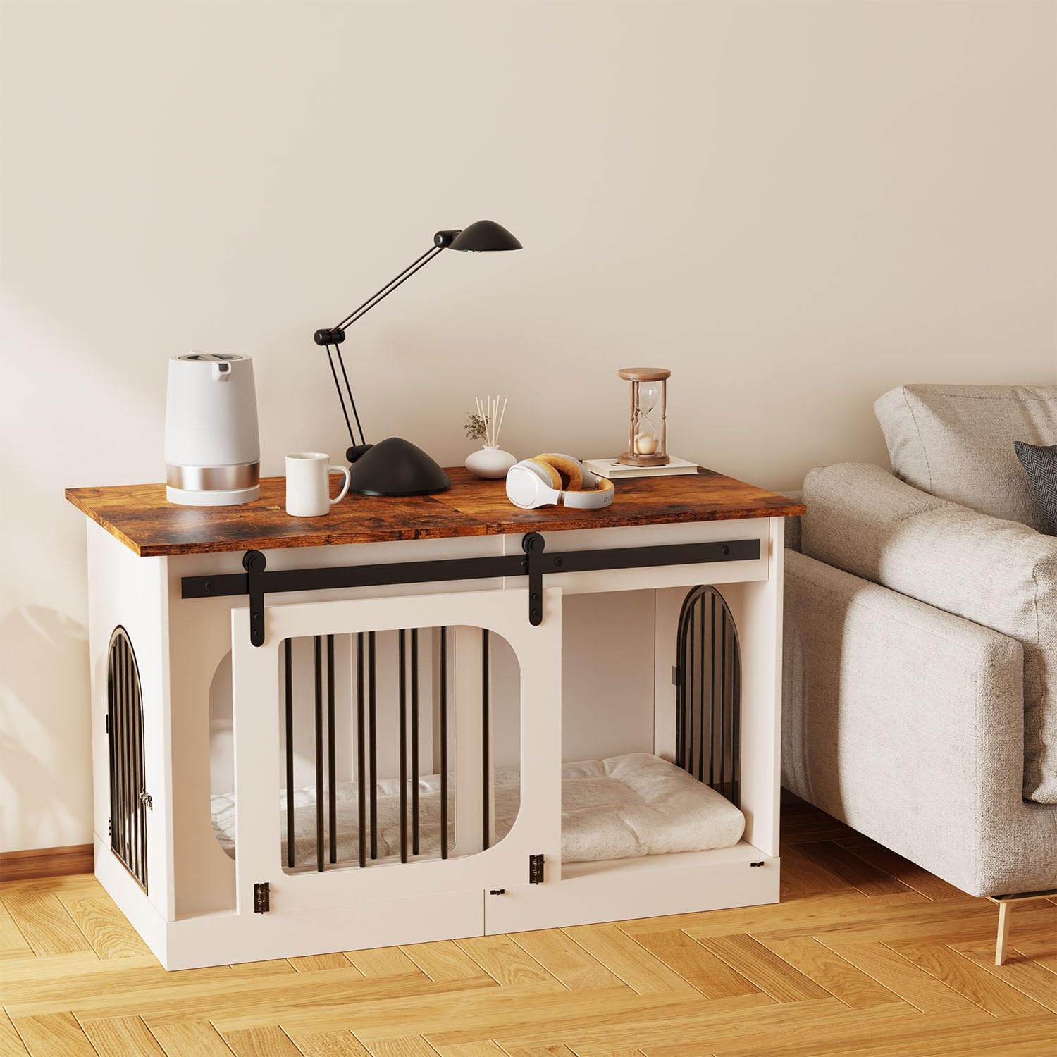 XL Dog Kennel Furniture,39.4 Inch Farmhouse Crate Furniture with Cushion Decorative White Dog Kennel Indoor Thick Wooden Pet Hou