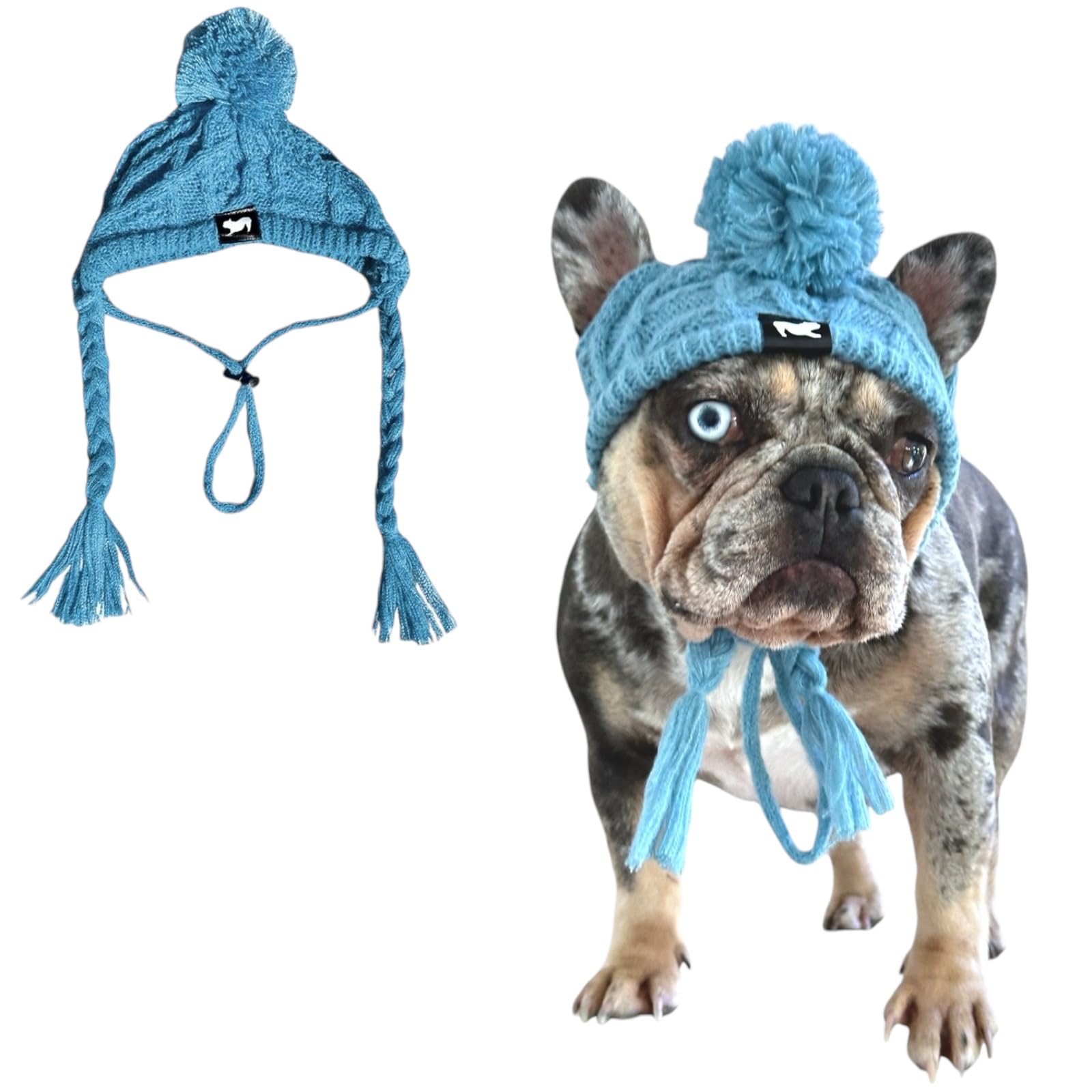 Classic Dog Knit Hat - Knitted Hat With Ear Holes & Adjustable Chin Strap - Soft Fabric Beanie For French Bulldog - Aquablue, Xs