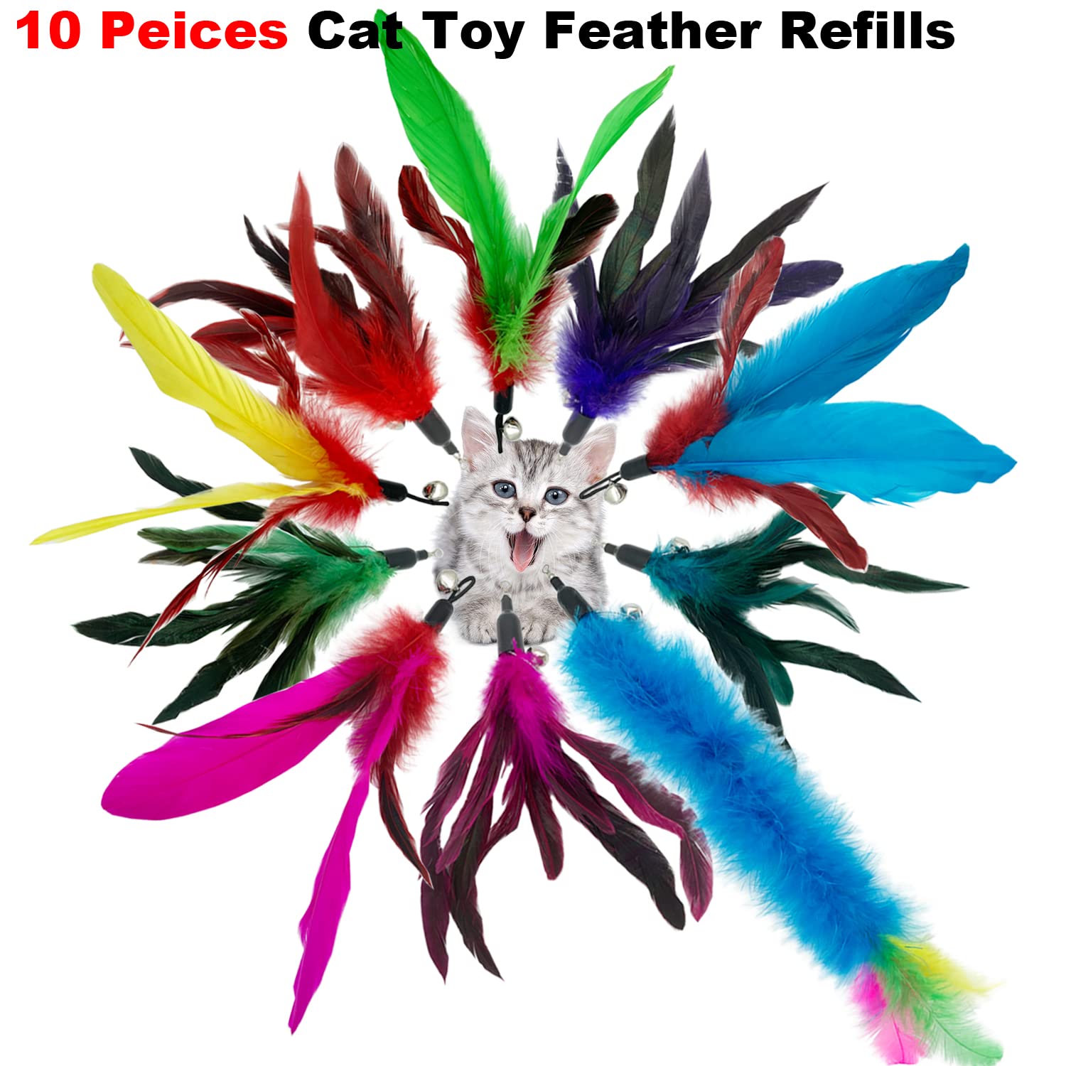 Cateness Cat Feather Toy Refill Cat Feathers Wand Replacement, 10 Pcs Feather Cat Toy Refills, Interaction Feather Cat Toy For I