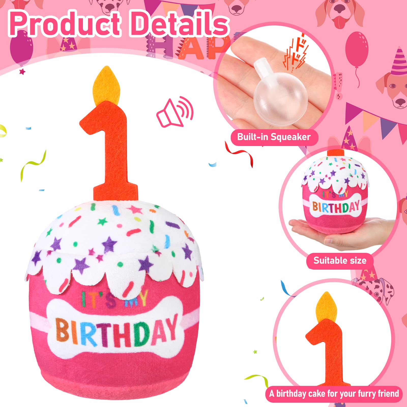 Dansydaisy Dog 1St Birthday Cake Toy Accessories For Girl Boy Gifts, Pink Squeaky Plush Toy For Dog Birthday Party Decor Favor F