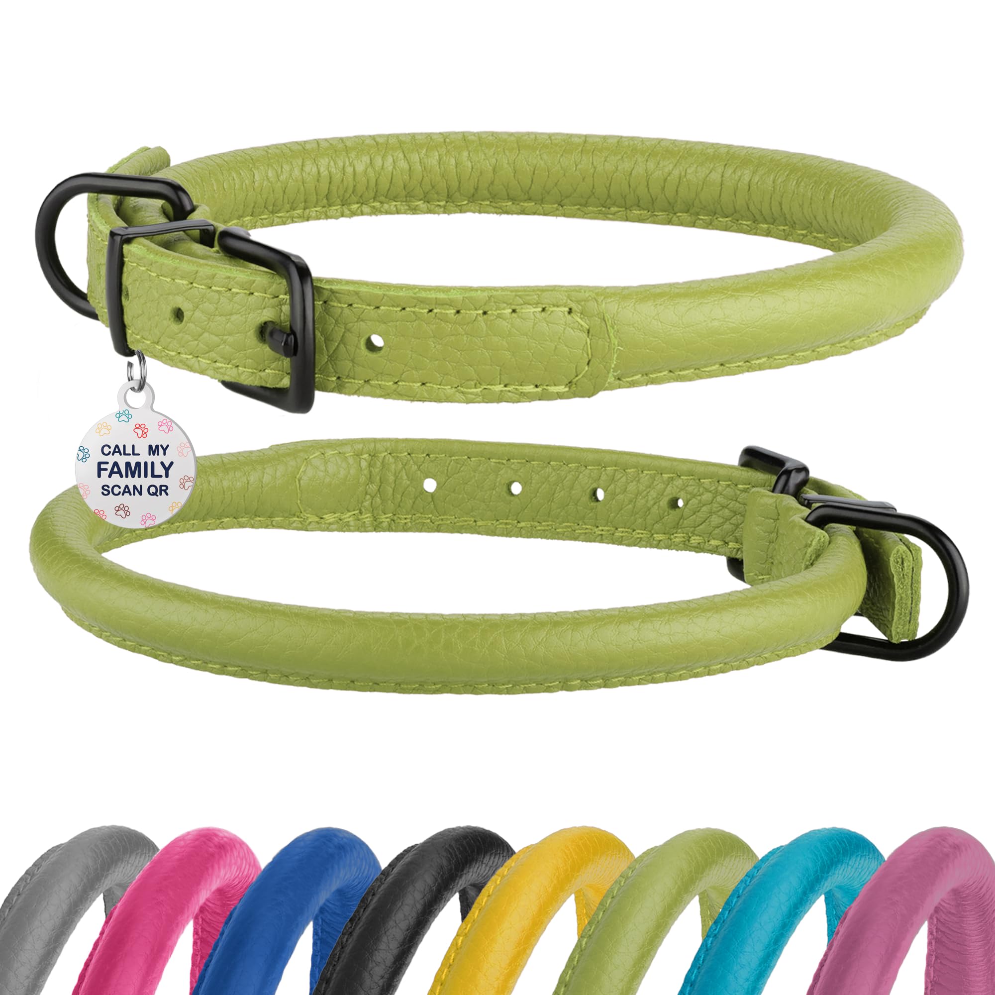 Rolled Leather Dog Collar Soft Round Collars, Id Tag For Small Medium Large Dogs (11-14 Inch, Olive Green)