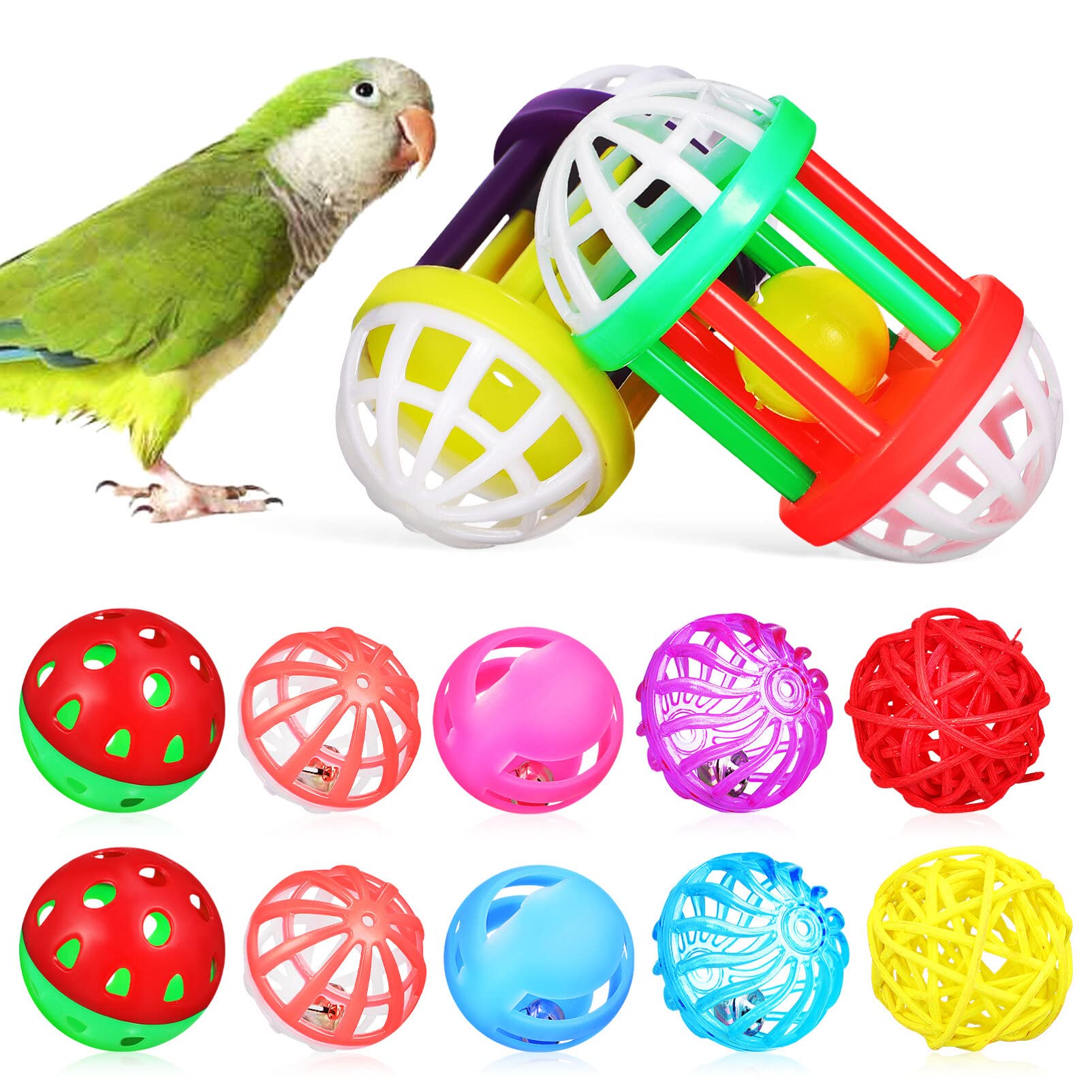 Popetpop Bird Ball Toy - 12Pcs Plastic Pet Toy For Parakeet, Parrot, Finch Foraging & Preening - Colorful Training Bell Balls