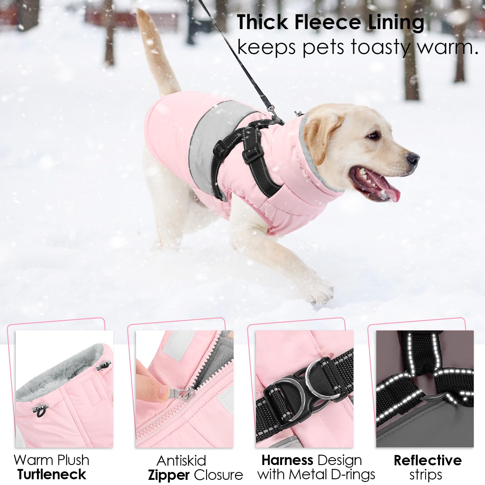 Aofitee Dog Coat - Large Dog Reflective Winter Jacket With Built-In Harness, Warm Fleece Collar For Doberman, Great Dane, Pink X