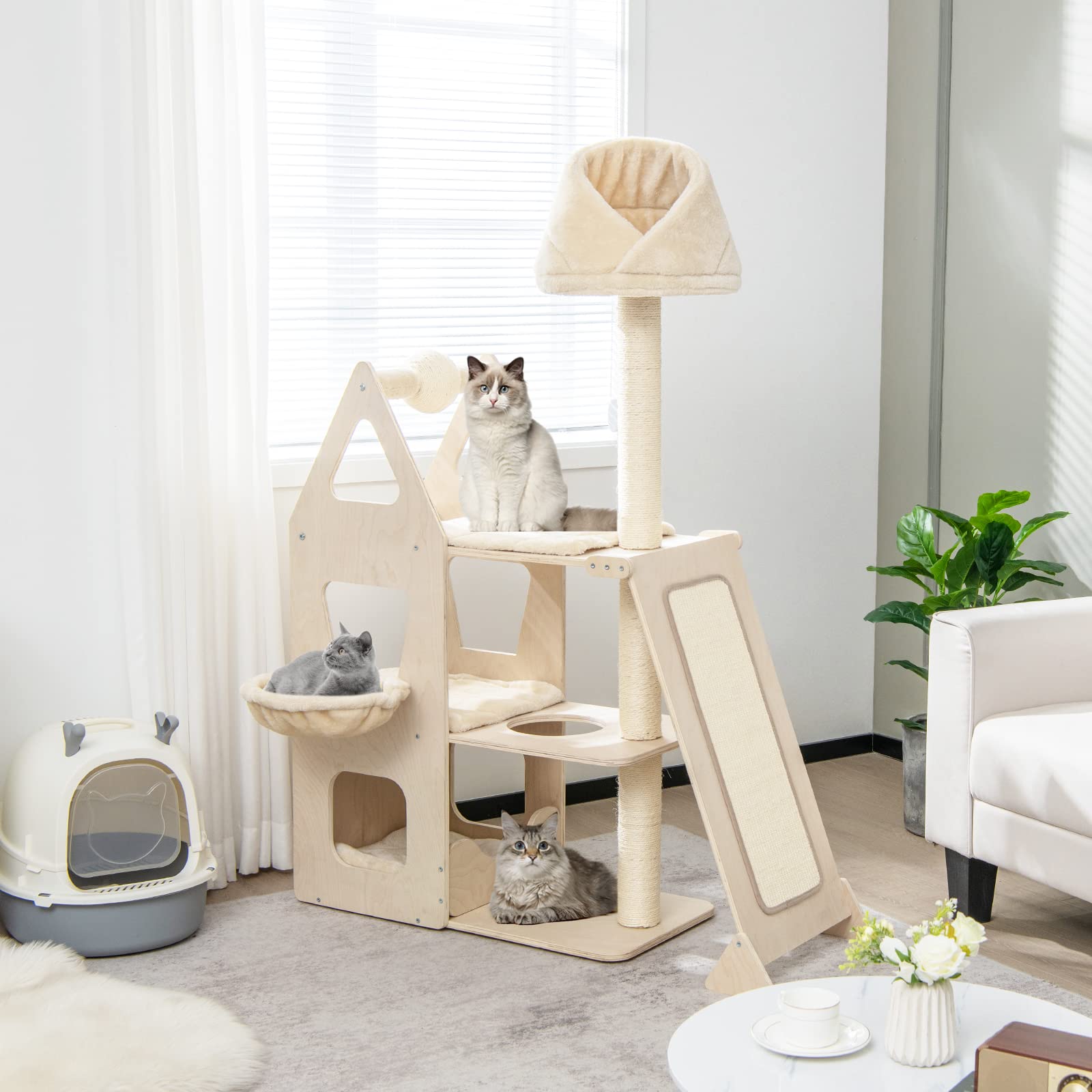 Tangkula Modern Wood Cat Tree For Indoor Cats, 64 Inch Multi-Level Tall Cat Tree With Scratching Rotatable Ball & Posts, Sisal R