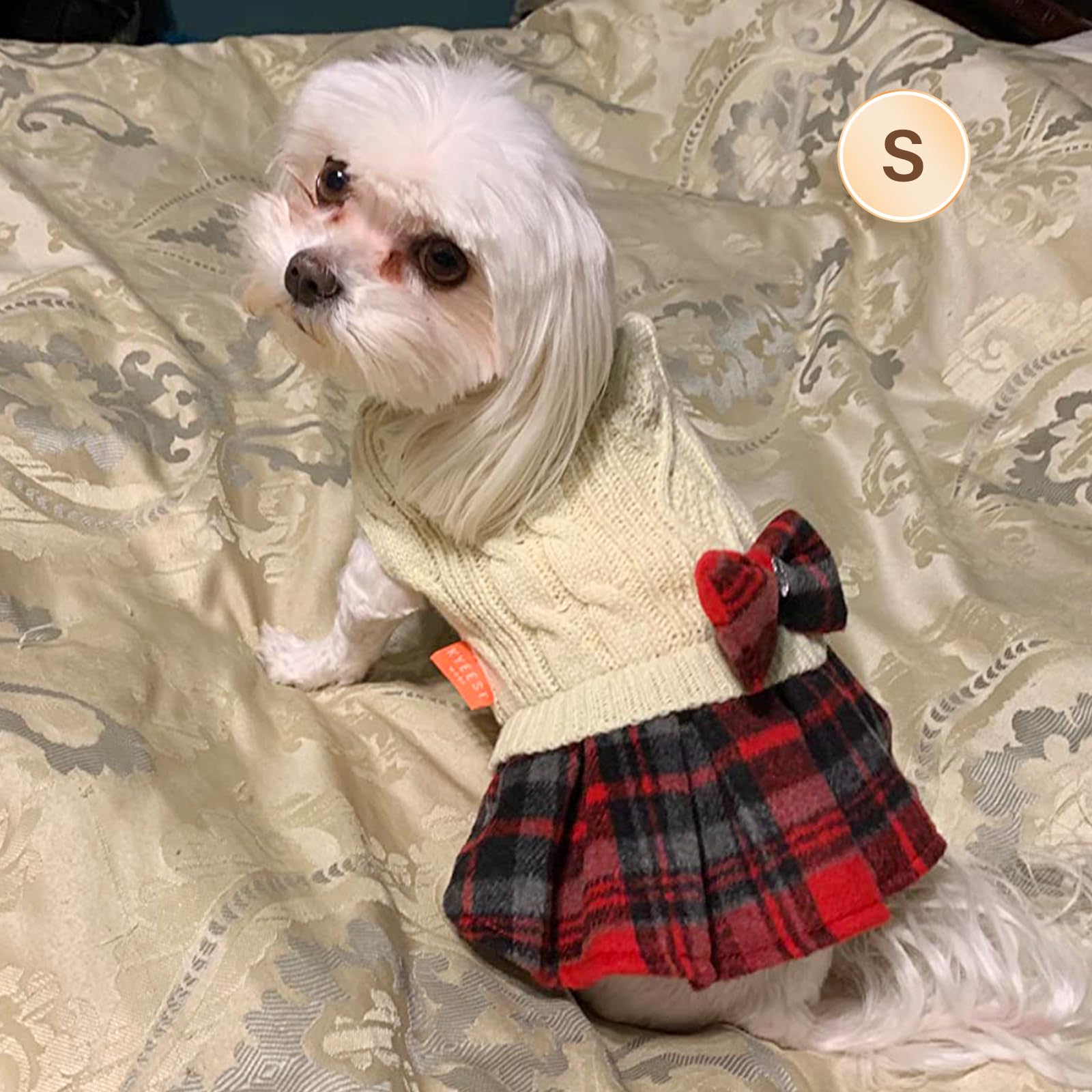 Kyeese Dog Sweater Dress With Bowtie Buffalo Check Red Small Dogs Turtleneck Dog Pullover Knitwear Puppy Sweater Beige
