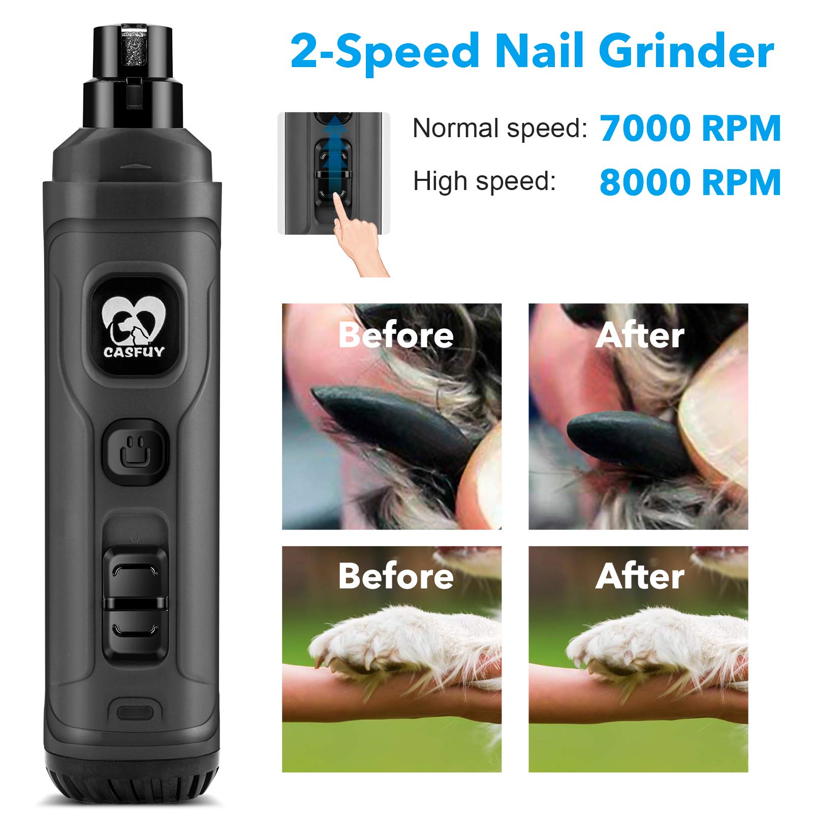 Casfuy Dog Nail Grinder With 2 Led Light - New Version 2-Speed Powerful Electric Pet Nail Trimmer Professional Quiet Painless Paws Grooming & Smoothing For Small Medium Large Dogs And Cats (Grey)