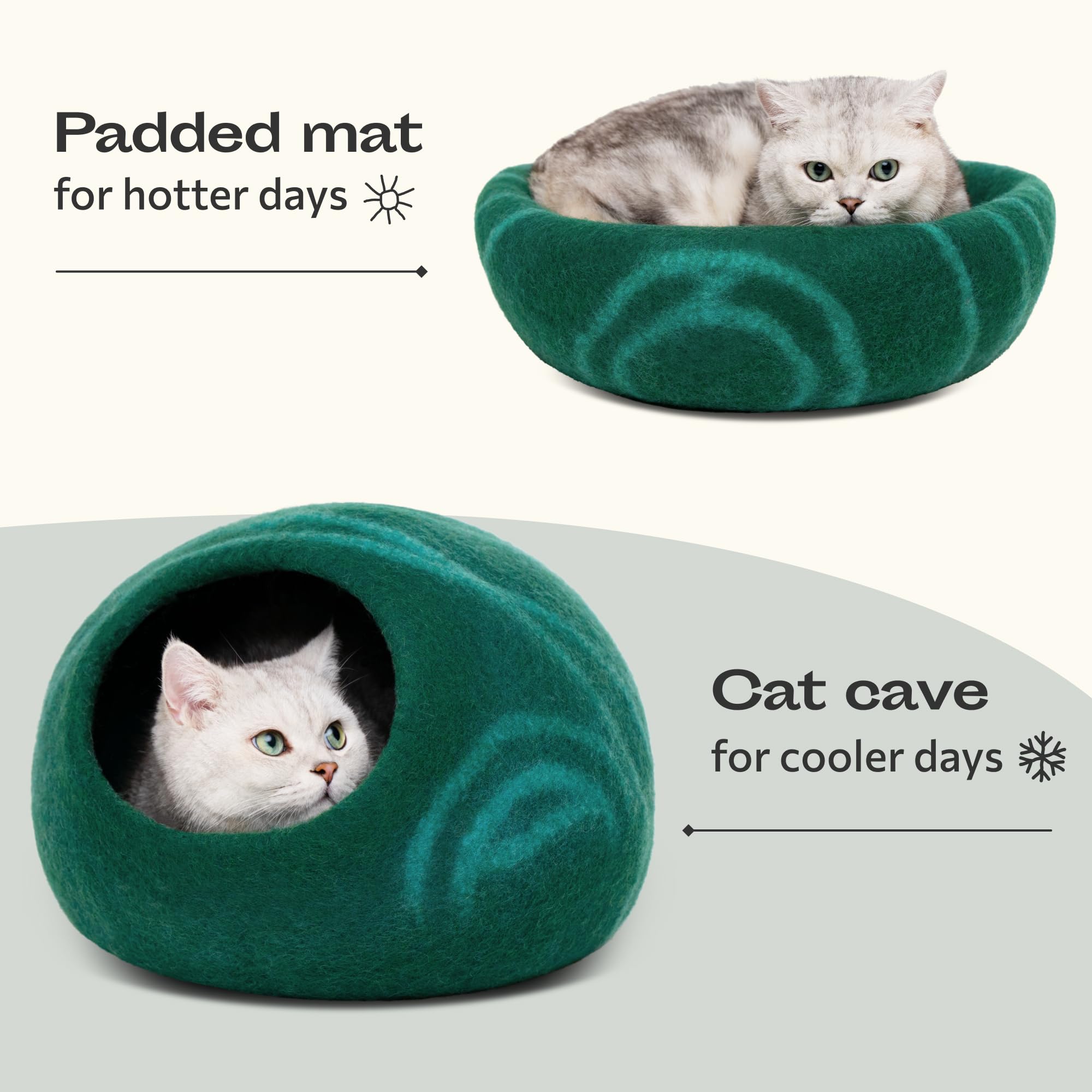 MEOWFIA Cat Cave - Premium Felt Cat Bed for Indoor Cats, Handmade 100% Merino Wool (Dark Shades) (Medium, Emerald)