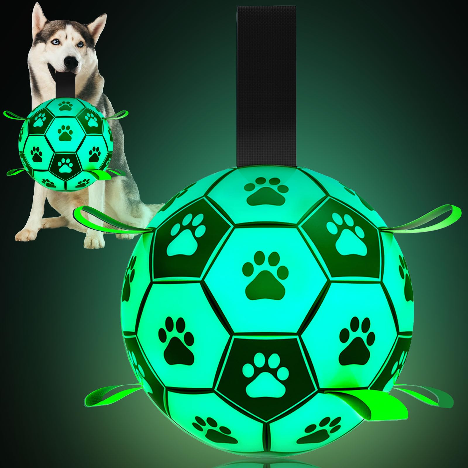 Amasiver Glow In The Dark Dog Toys - 8 Inch Upgraded Interactive Light Up Soccer Balls, World Cup Dogs Football, Outdoor Tug Toy
