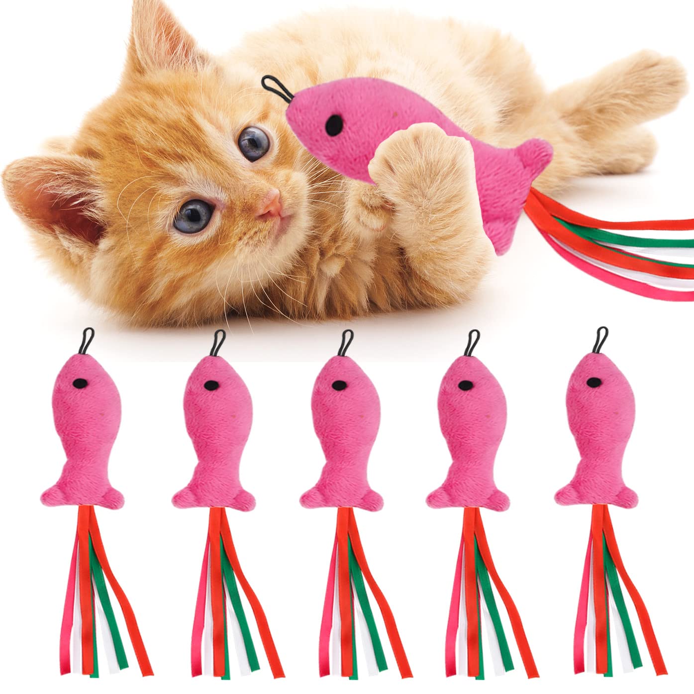 ZeyZoo 5Pcs Catnip Toy, Cat nip Pink Fish Interactive Cat Toy, Kitten Toys Catnip Filled Plush Toys, Feather Teaser Accessories 