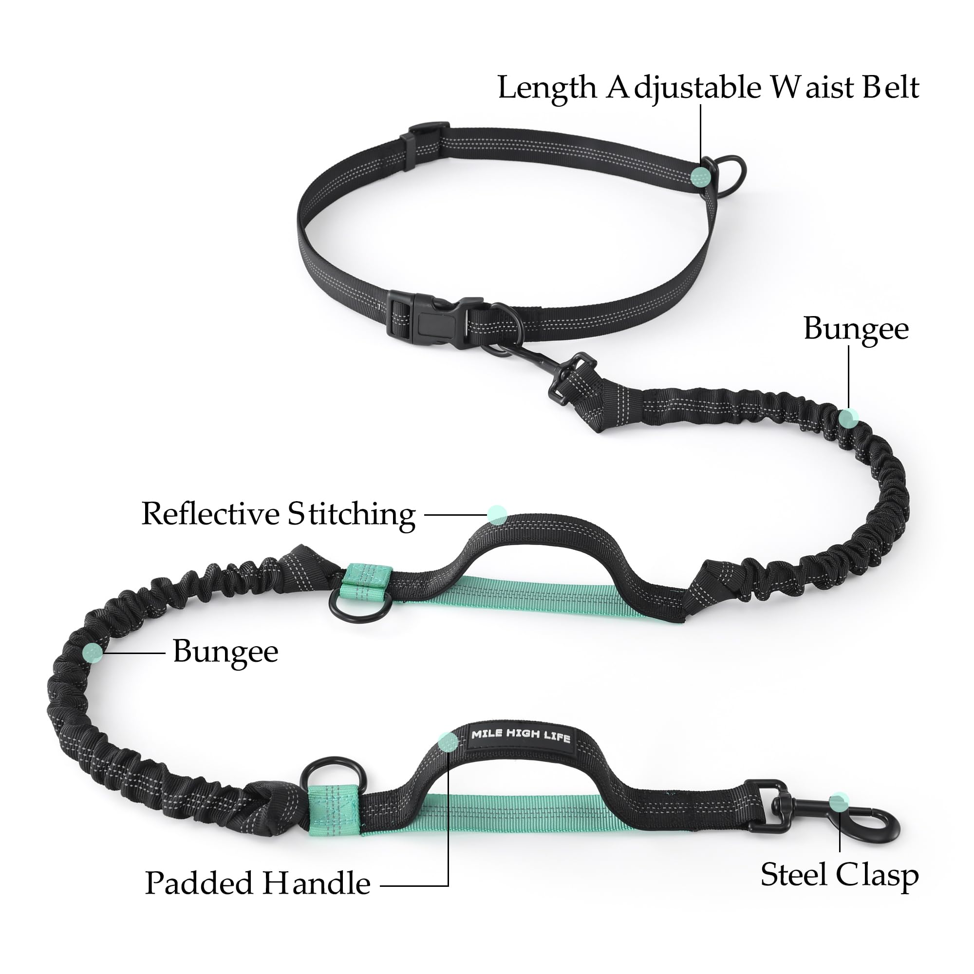Mile High Life Hands Free Waist Leash For Dog Running Training And Jogging, Adjustable Belt With Double Handle, Reflective Bunge