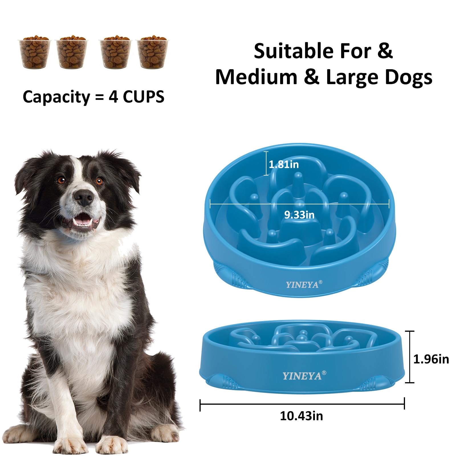 YINEYA Large Slow Feeder Dog Bowls, Anti-Choking Puzzle Bowl, Dark Blue & Rose Red, 2PCS, Polypropylene