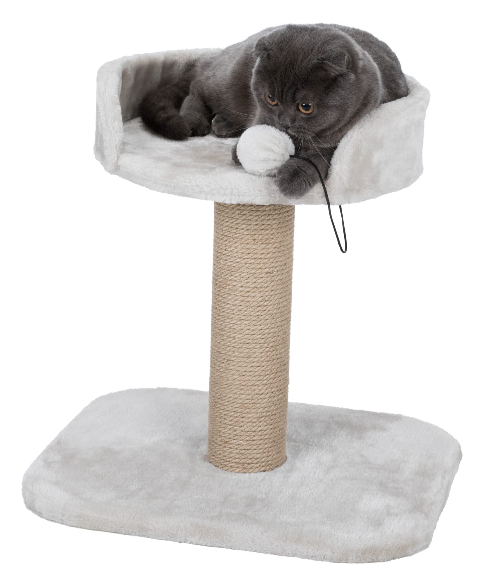 Trixie Mica Cat Scratching Post 18.1 Inch - Cat Scratcher With Soft Fabric Covering Base And Durable Sisal Rope - With Padded Platform & Dangling Cat Toy - In Greige