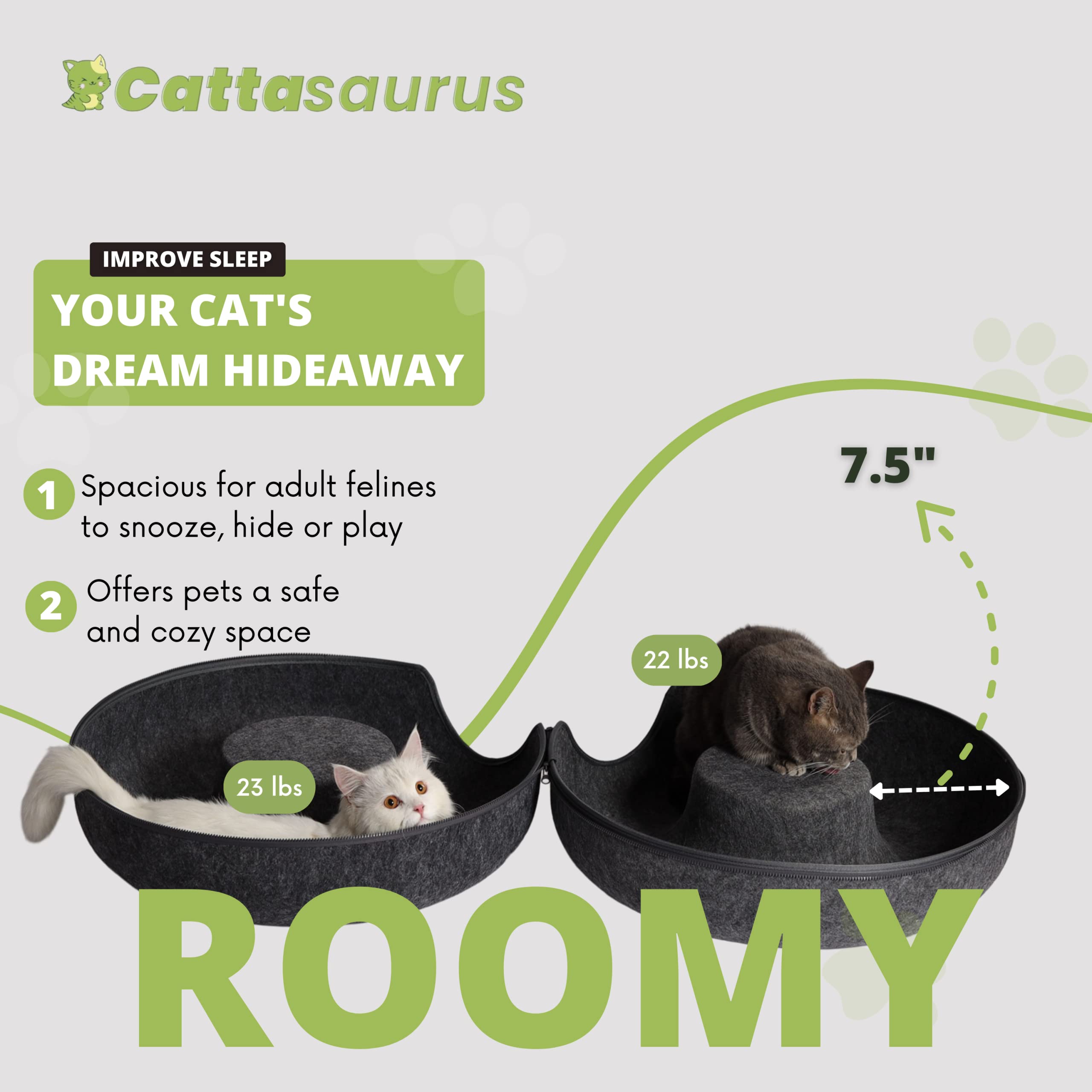 Cattasaurus Peekaboo Cat Cave For Multiple & Large Cats Up To 30-45 Lbs, Scratch Detachable & Washable Tunnel Bed, Comfy Donut Cat Cave (Dark Gray, Large)